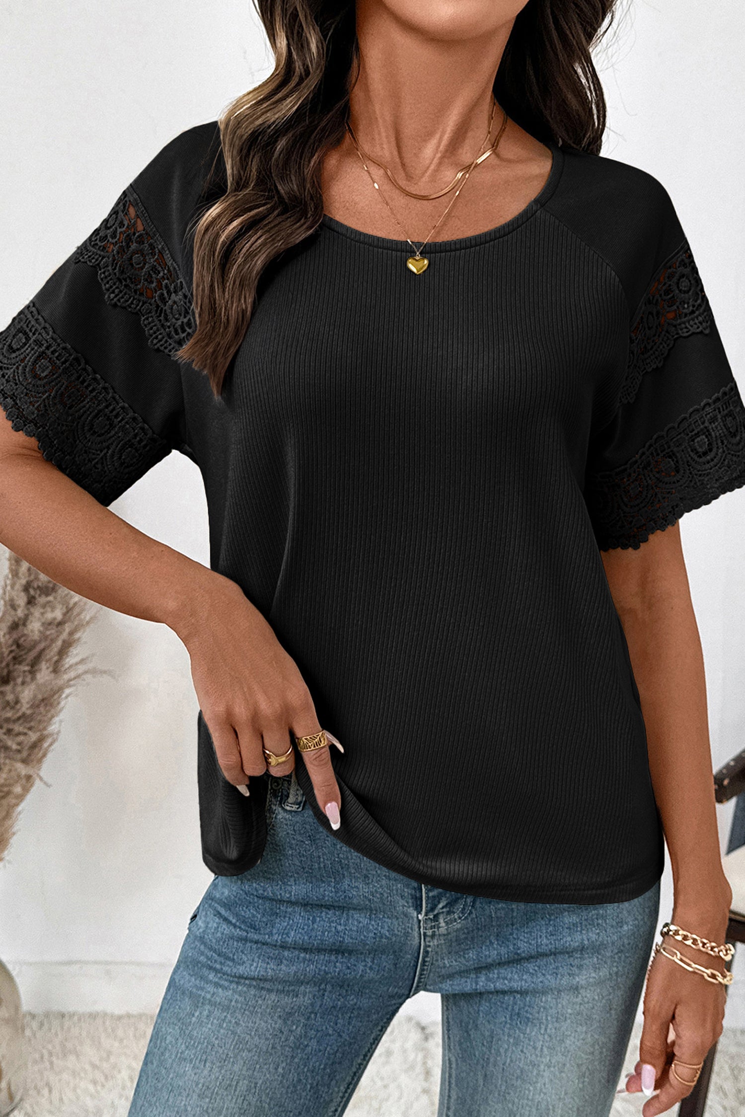 White Ribbed Lace Patchwork Short Sleeve Top