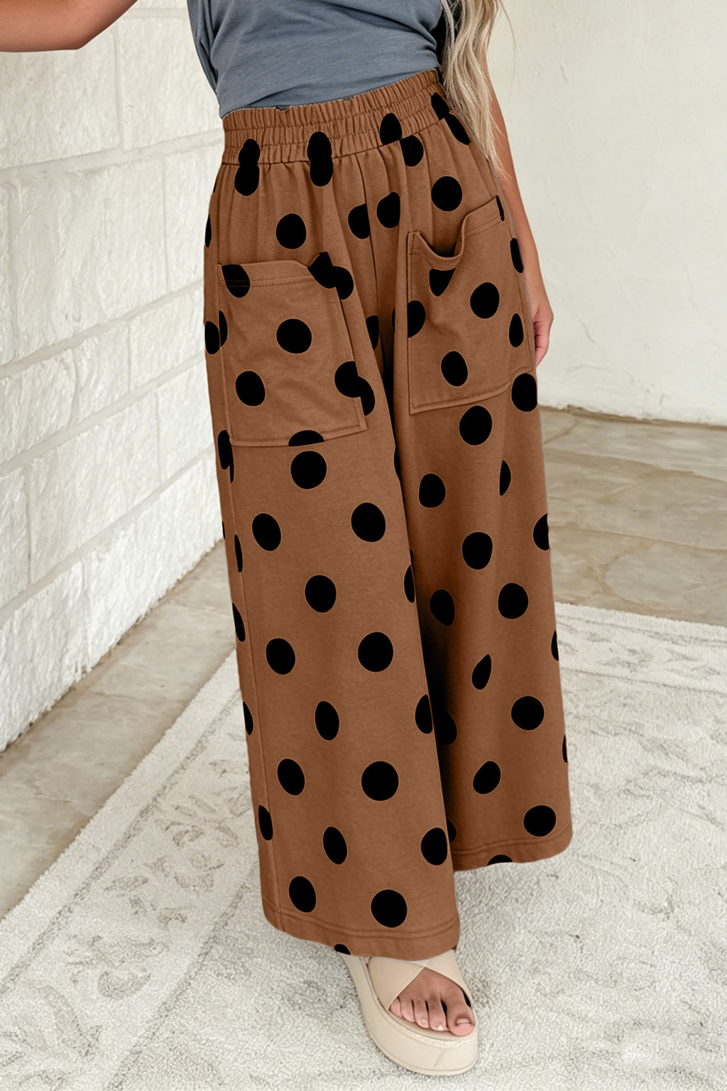 Sky Blue Polka Dot Wide Leg Elastic Waist Casual Pants