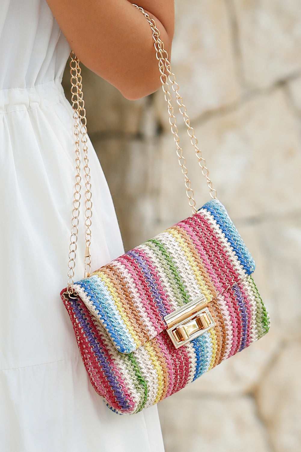 Multicolour Straw Plaited Gold Chain Clasp Closure Single Shoulder Bag