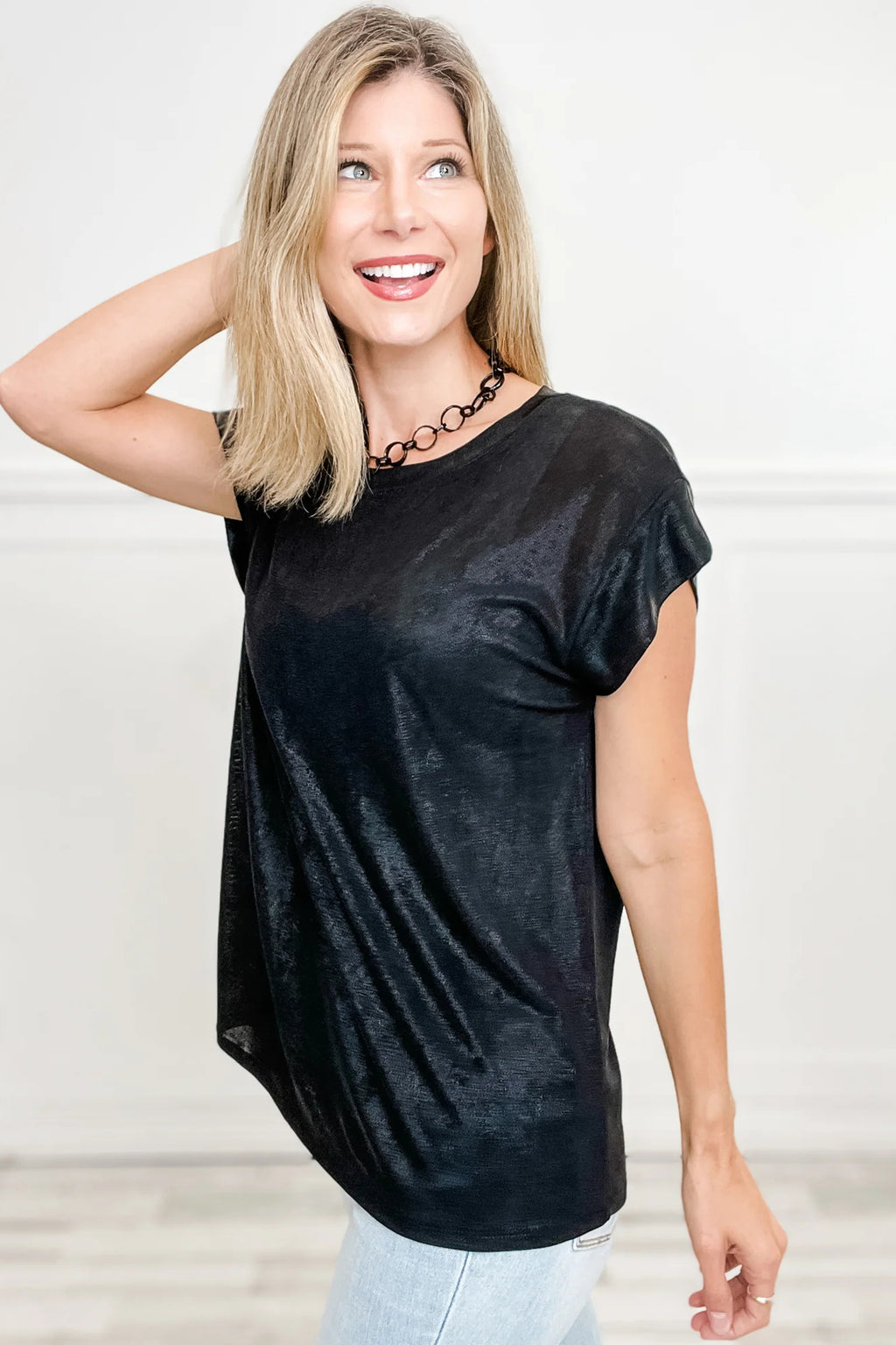 Bright Pink Metallic Round Neck Cap Sleeve Tee
