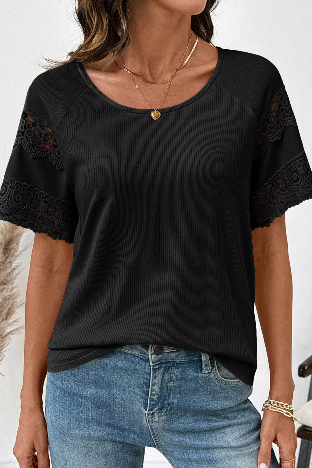 White Ribbed Lace Patchwork Short Sleeve Top