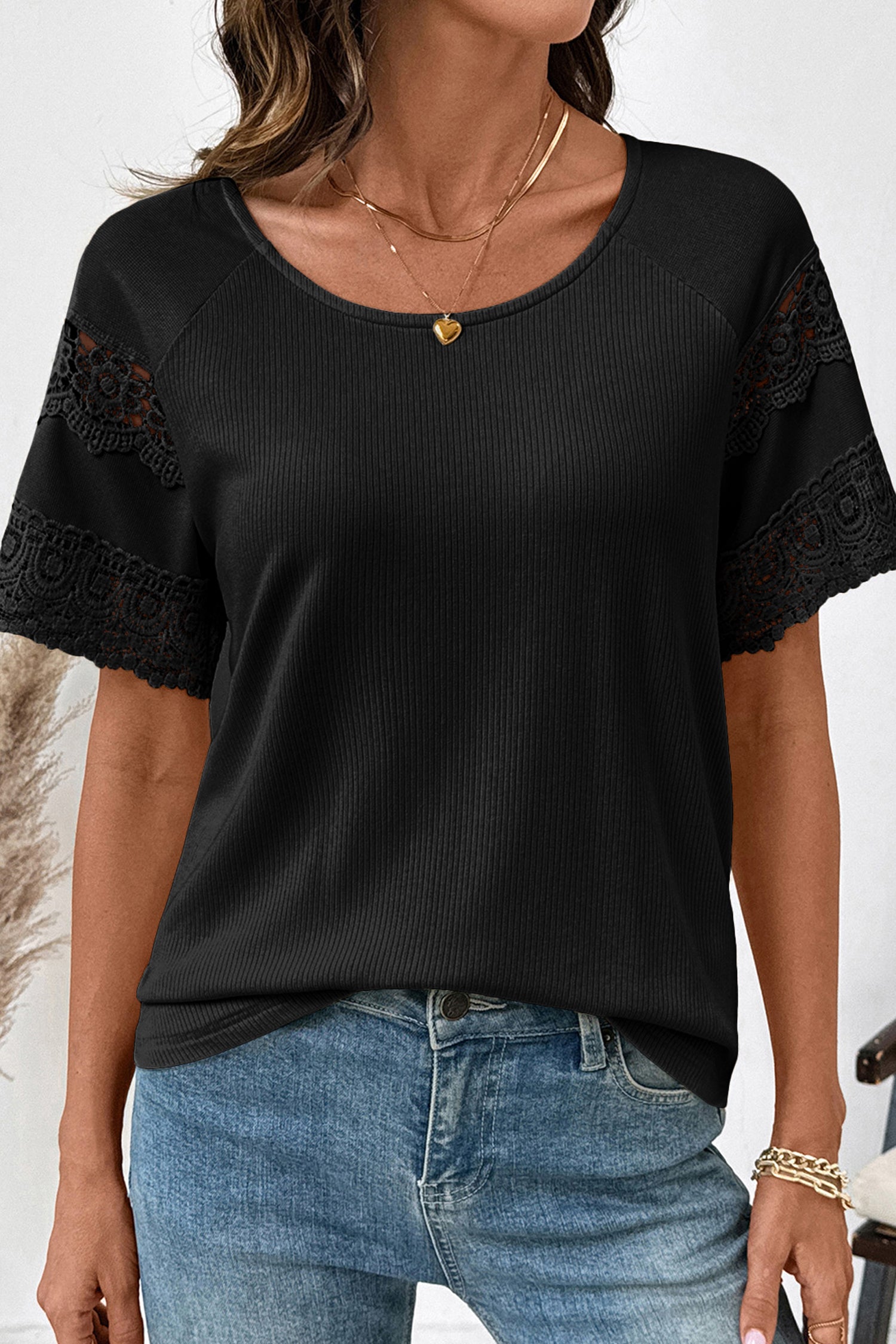 White Ribbed Lace Patchwork Short Sleeve Top