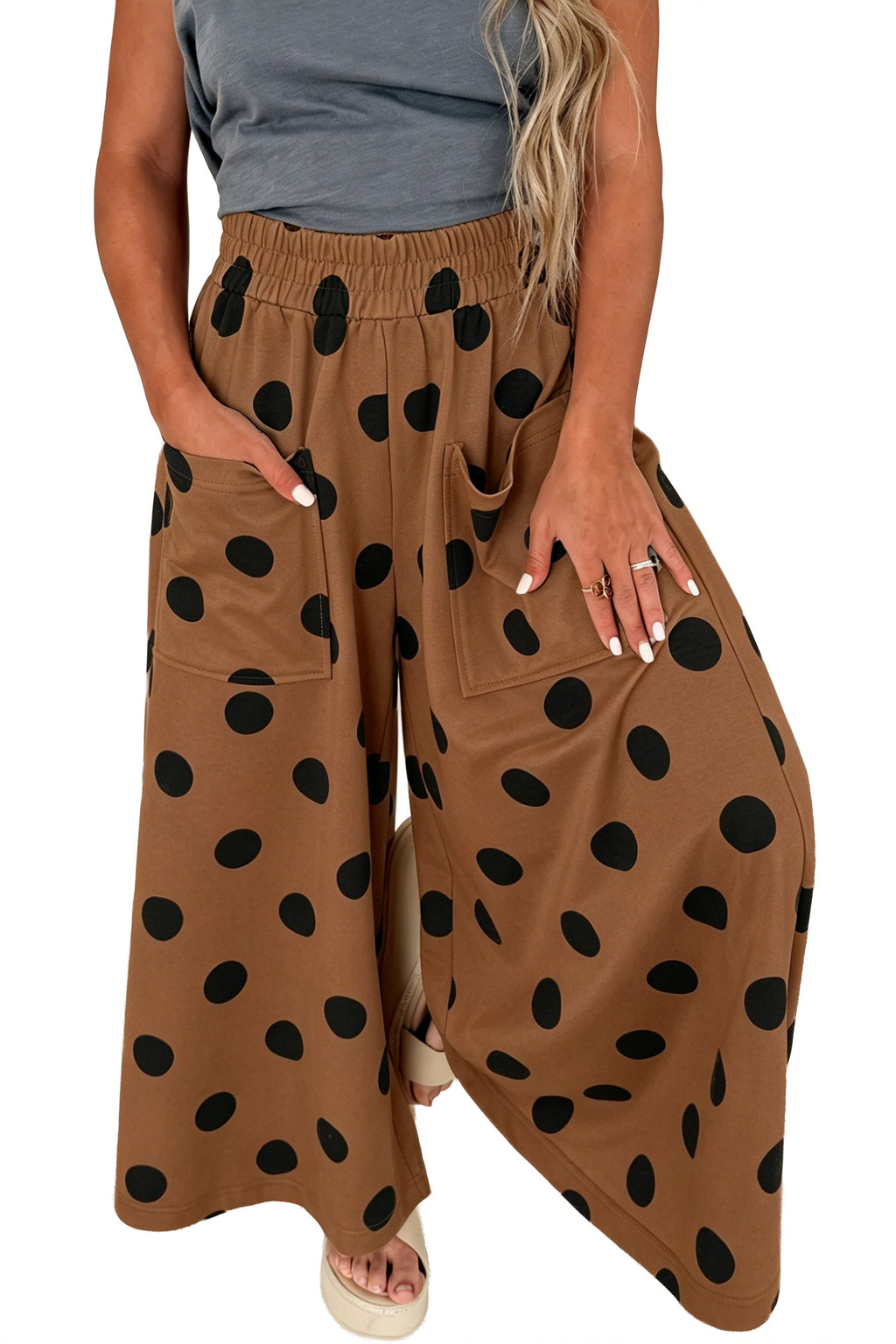 Sky Blue Polka Dot Wide Leg Elastic Waist Casual Pants