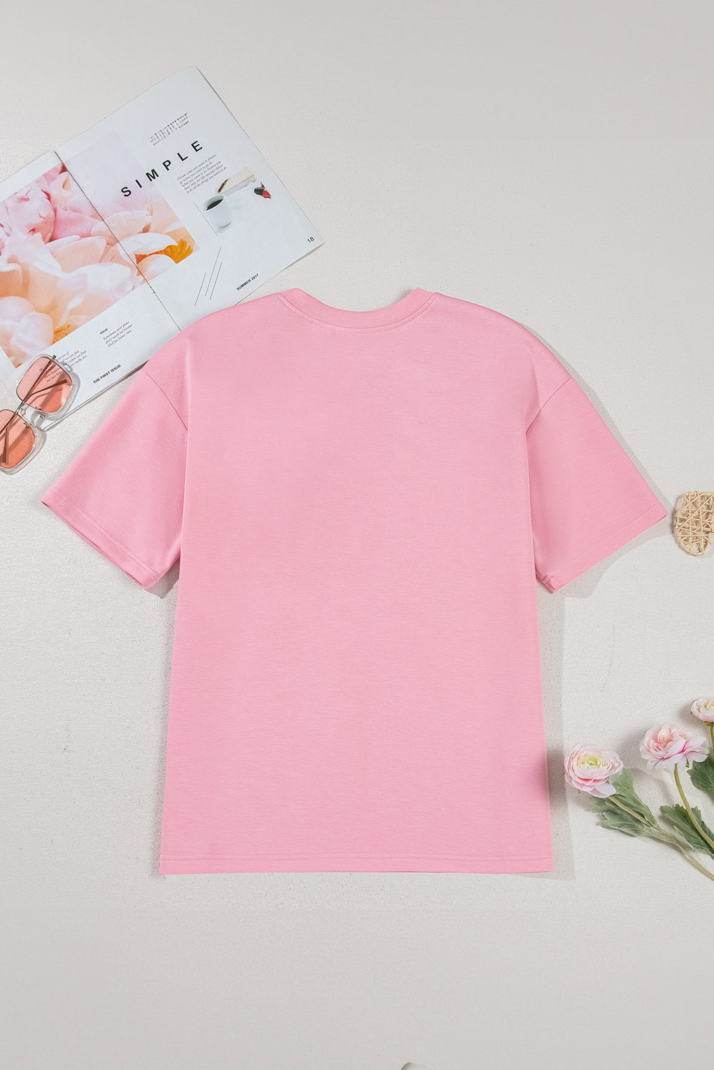 Pink Bow Applique Solid Color Sweet T-shirt