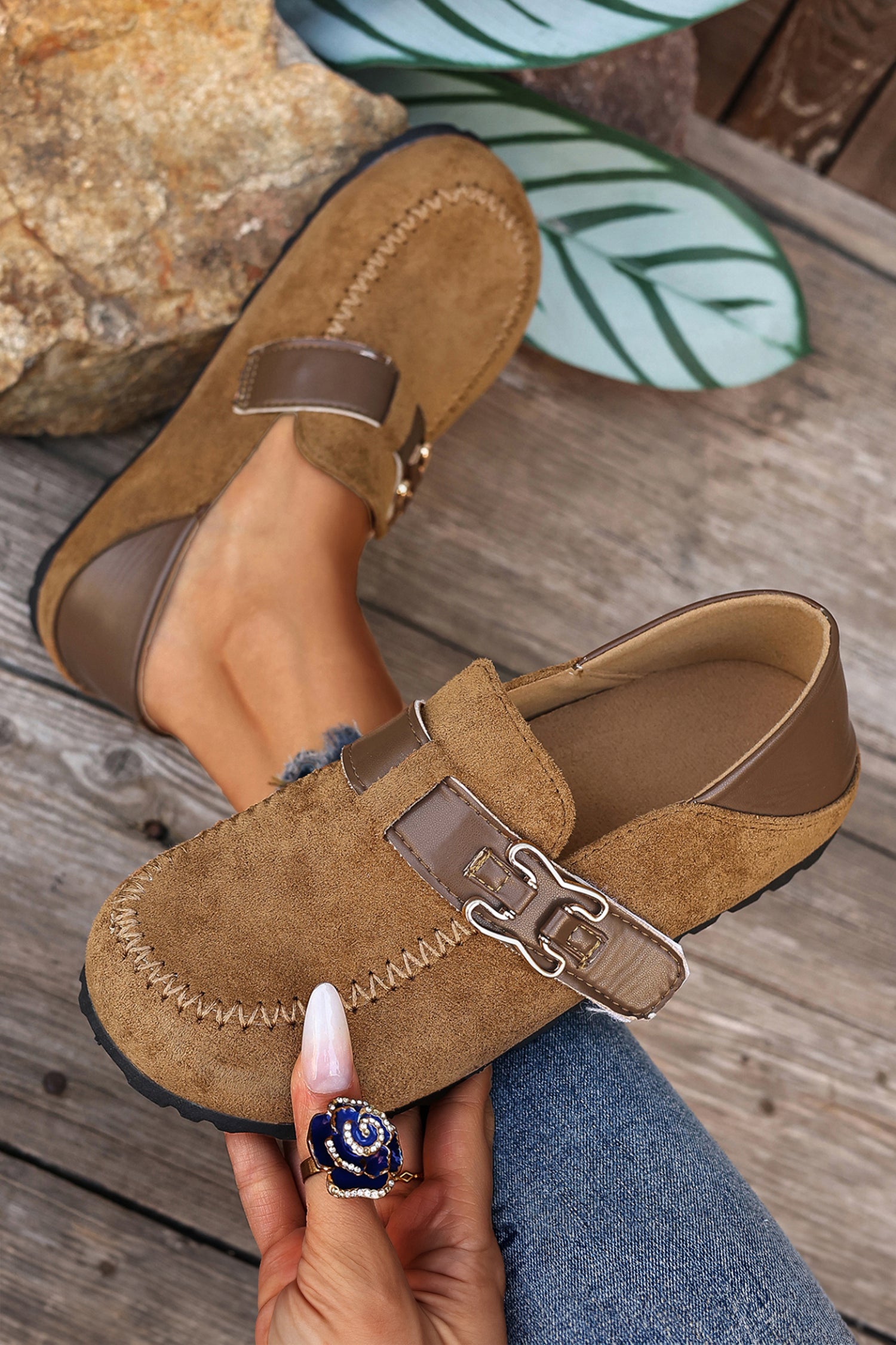 Coffee Faux Suede PU Leather Patchwork Retro Buckle Slip On Shoes