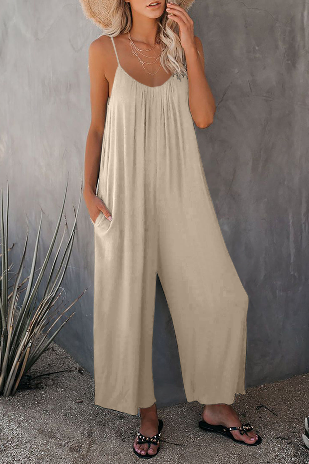 Apricot Spaghetti Straps Wide Leg Pocketed Jumpsuits