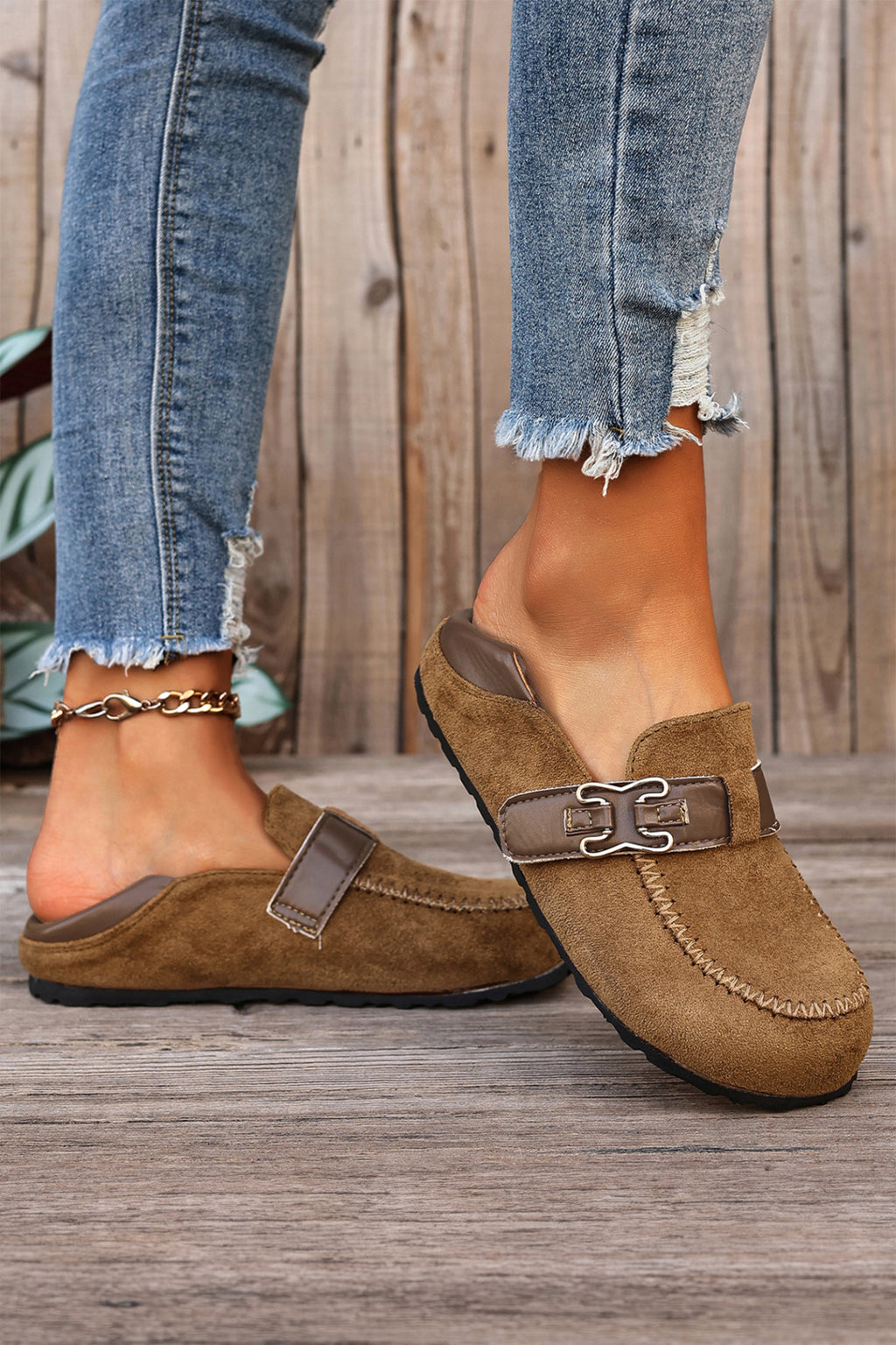 Coffee Faux Suede PU Leather Patchwork Retro Buckle Slip On Shoes
