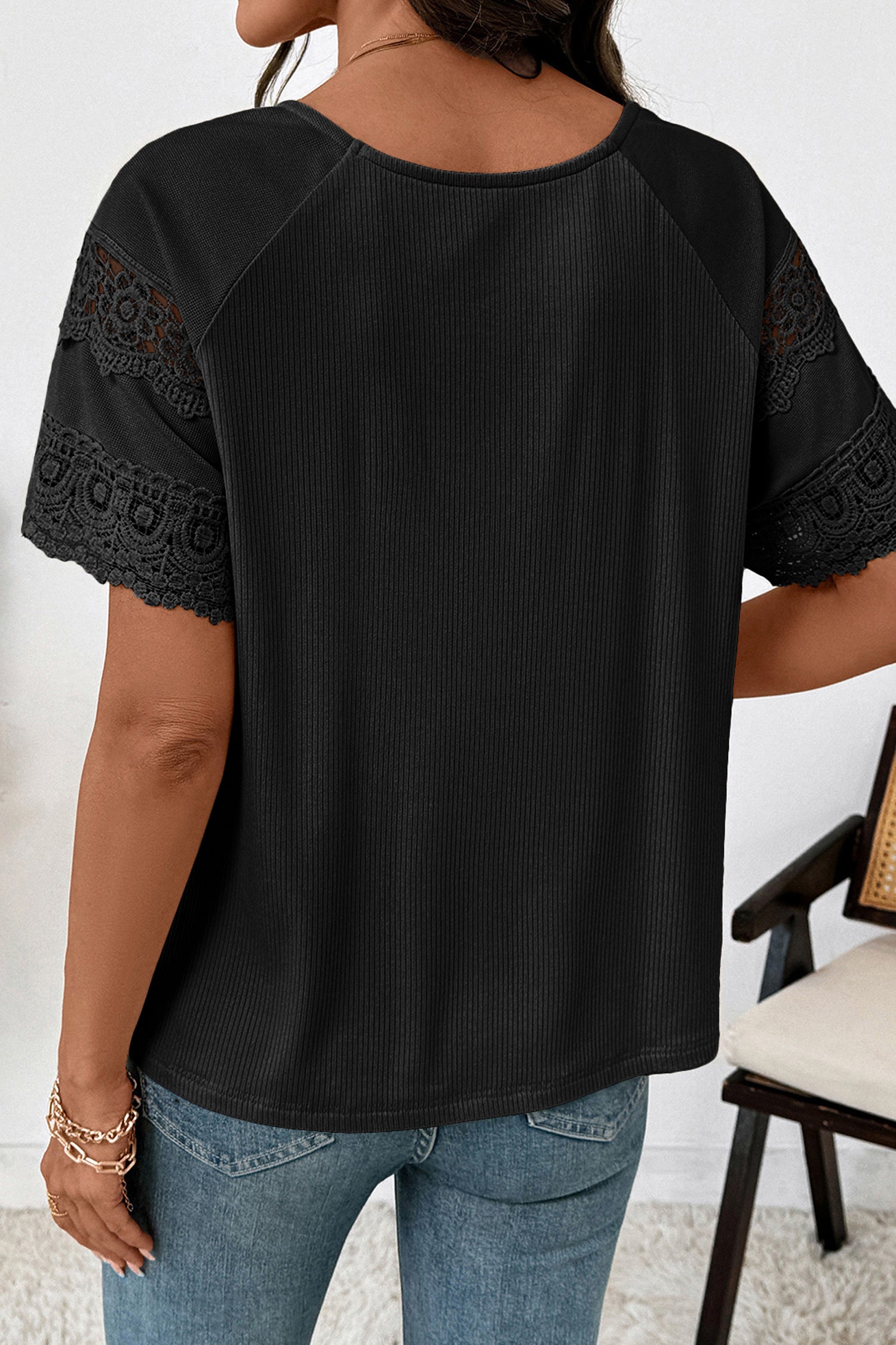 White Ribbed Lace Patchwork Short Sleeve Top