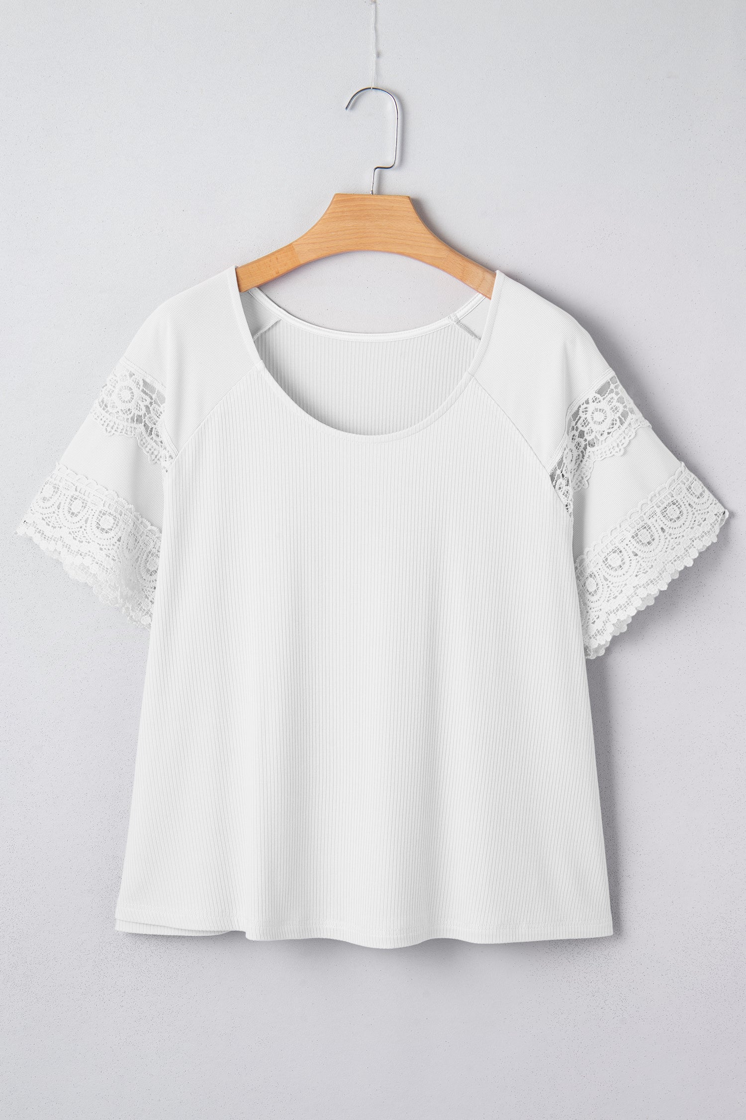 White Ribbed Lace Patchwork Short Sleeve Top