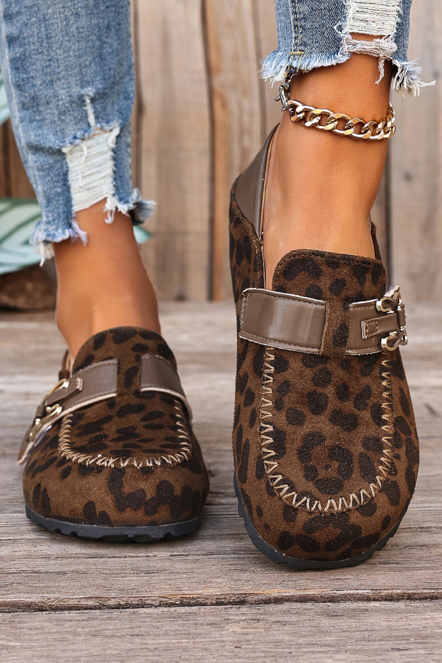 Coffee Faux Suede PU Leather Patchwork Retro Buckle Slip On Shoes