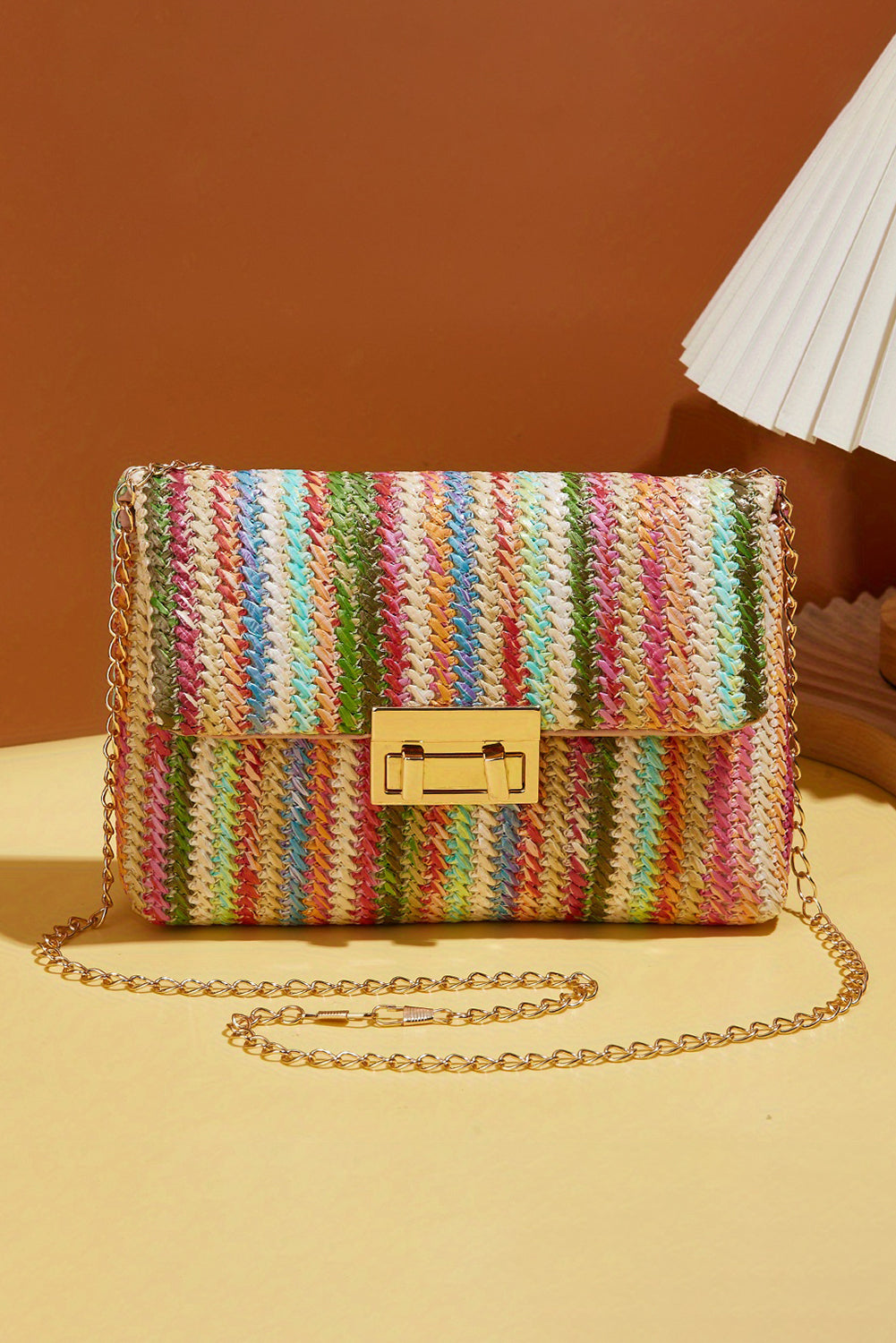 Multicolour Straw Plaited Gold Chain Clasp Closure Single Shoulder Bag