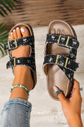 Black white Denim Distressed Retro Buckle Straps Hollowed Faux Suede Slippers