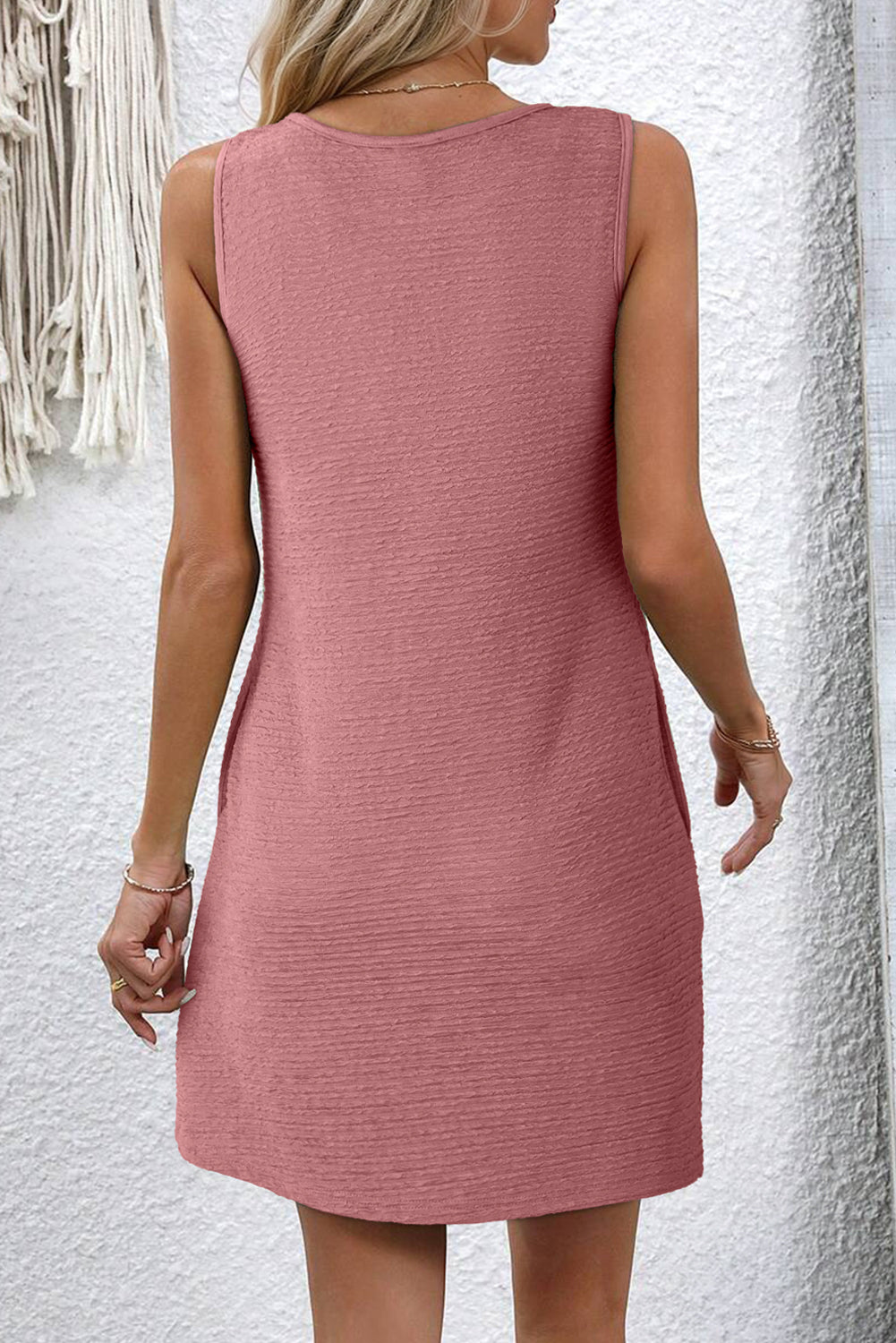 Beau Blue Solid Color Textured Lace Hollowed Detail Sleeveless Mini Dress