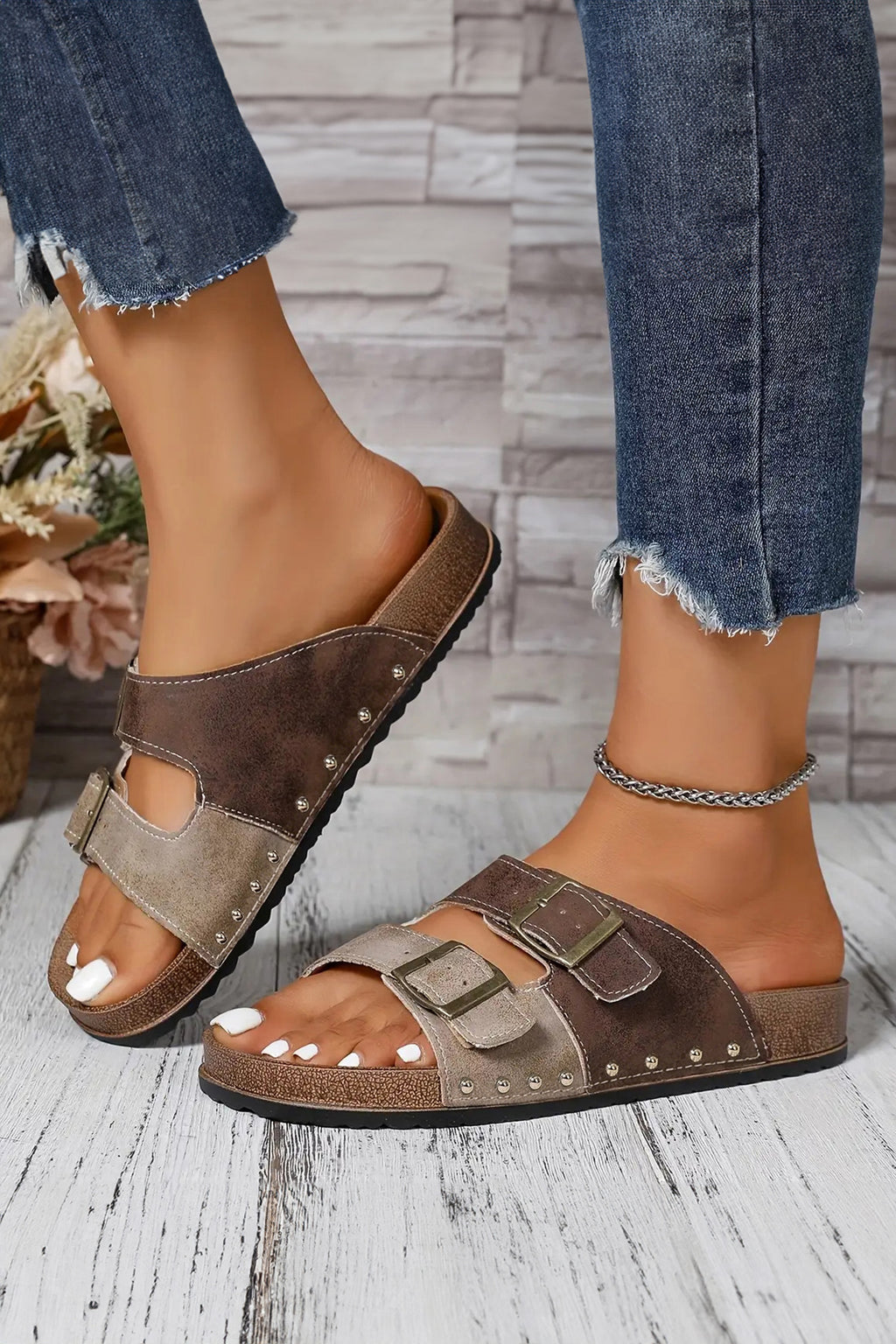 Black white Denim Distressed Retro Buckle Straps Hollowed Faux Suede Slippers