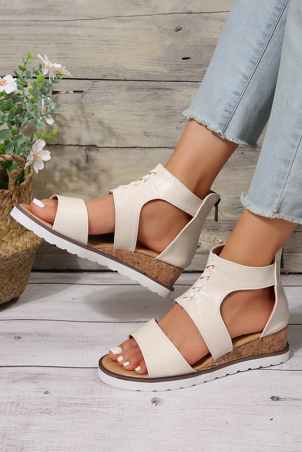 White Crisscross Detail Leather Wedge Gladiator Sandals