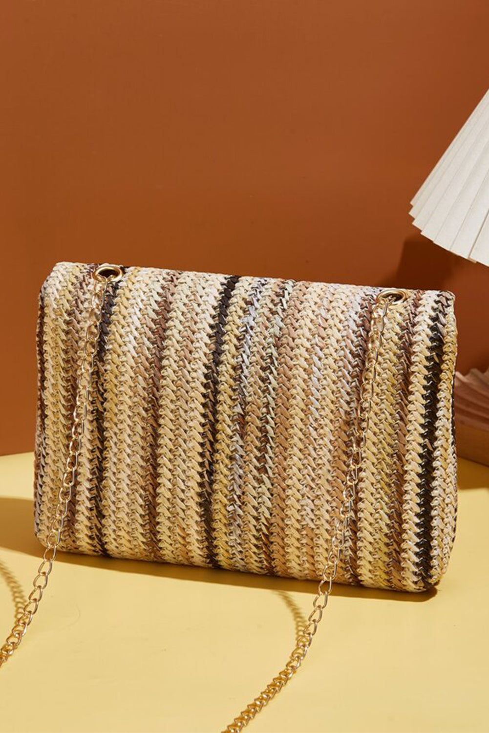 Multicolour Straw Plaited Gold Chain Clasp Closure Single Shoulder Bag