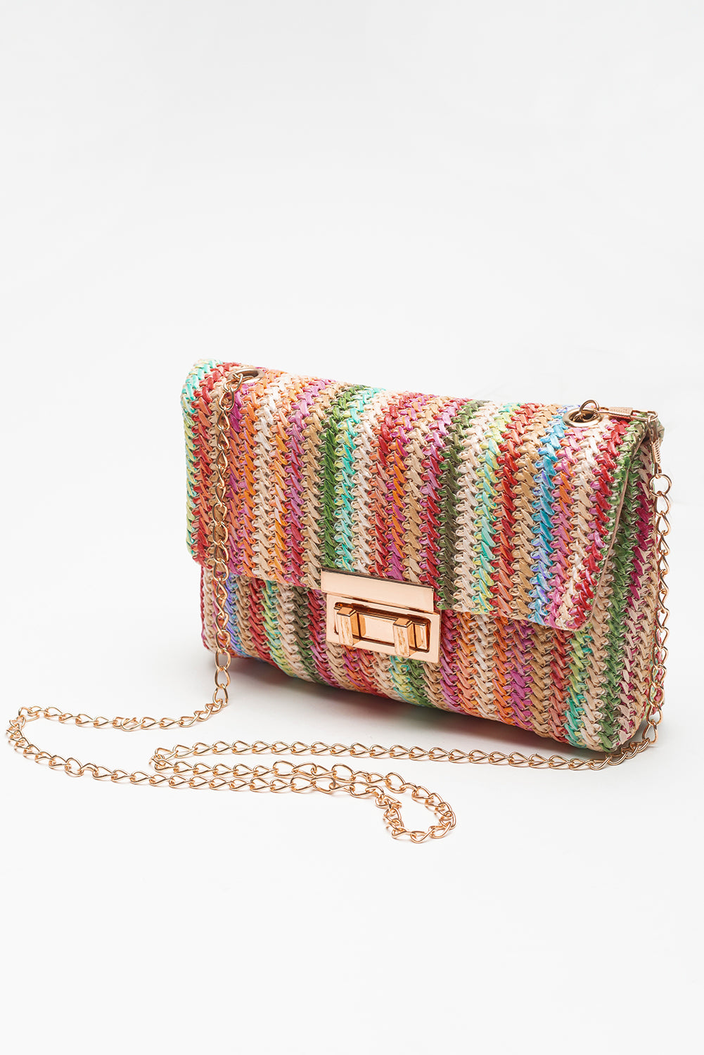 Multicolour Straw Plaited Gold Chain Clasp Closure Single Shoulder Bag