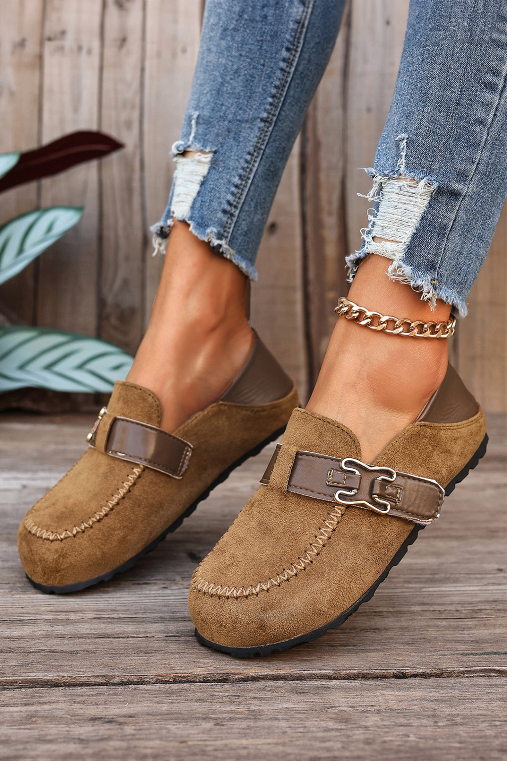 Coffee Faux Suede PU Leather Patchwork Retro Buckle Slip On Shoes
