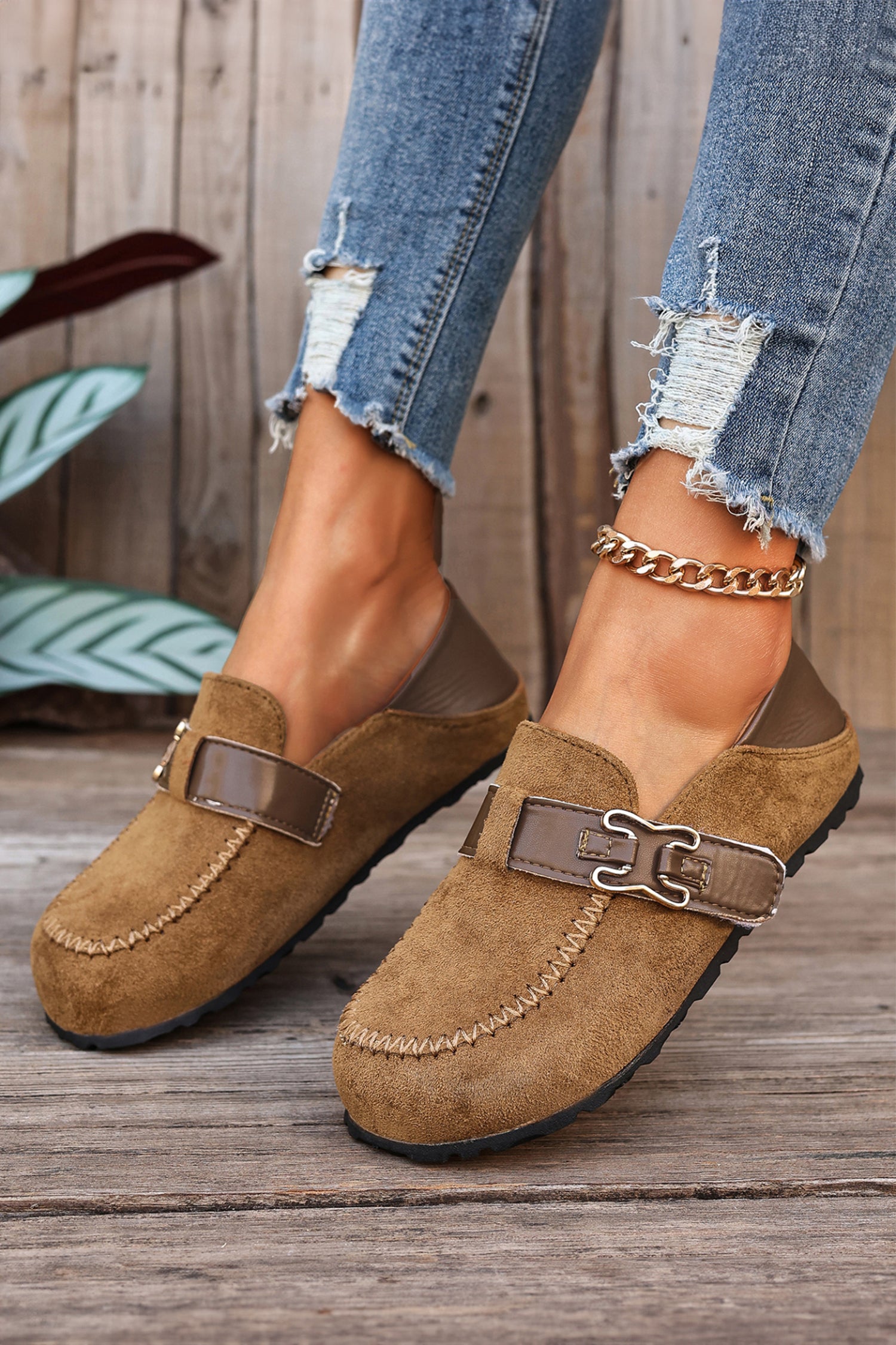 Coffee Faux Suede PU Leather Patchwork Retro Buckle Slip On Shoes