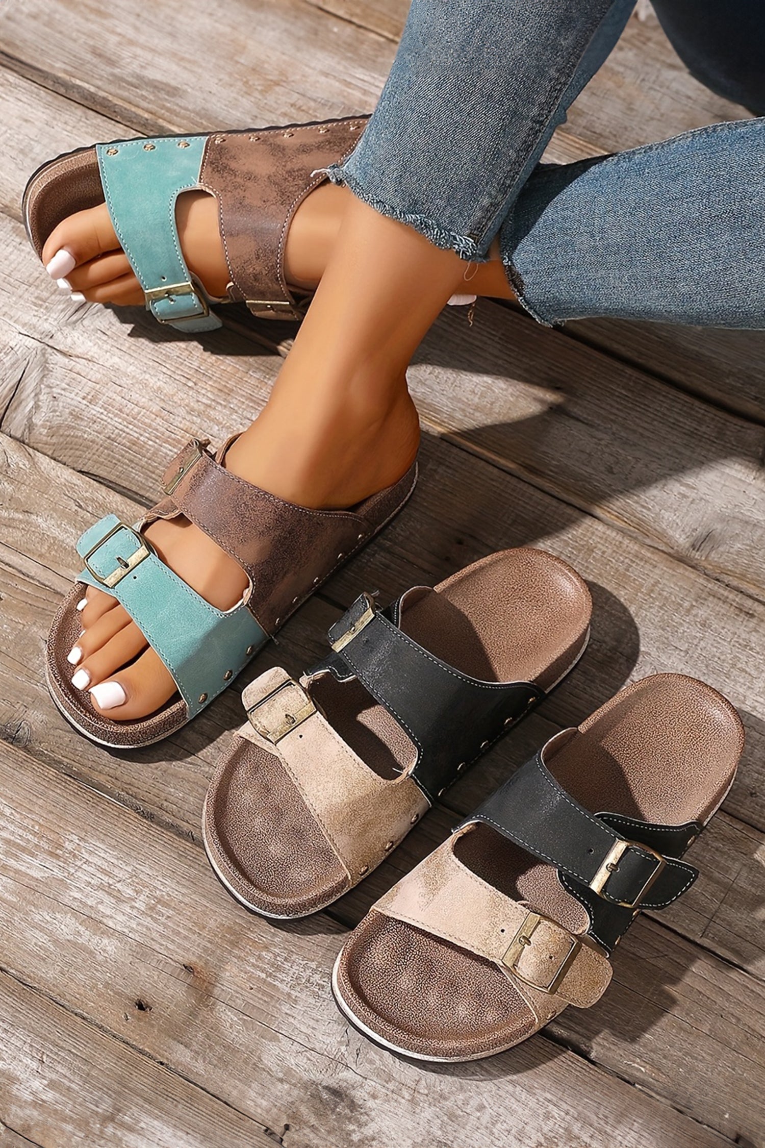 Black white Denim Distressed Retro Buckle Straps Hollowed Faux Suede Slippers