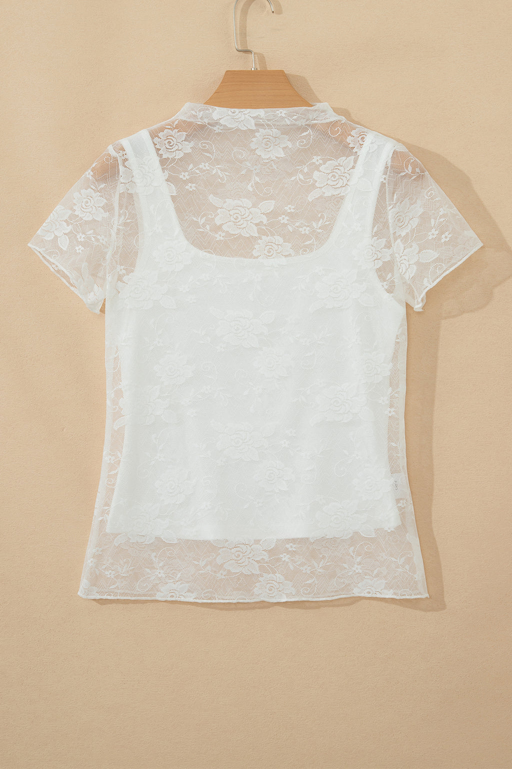 White Sheer Lace Round Neck T Shirt