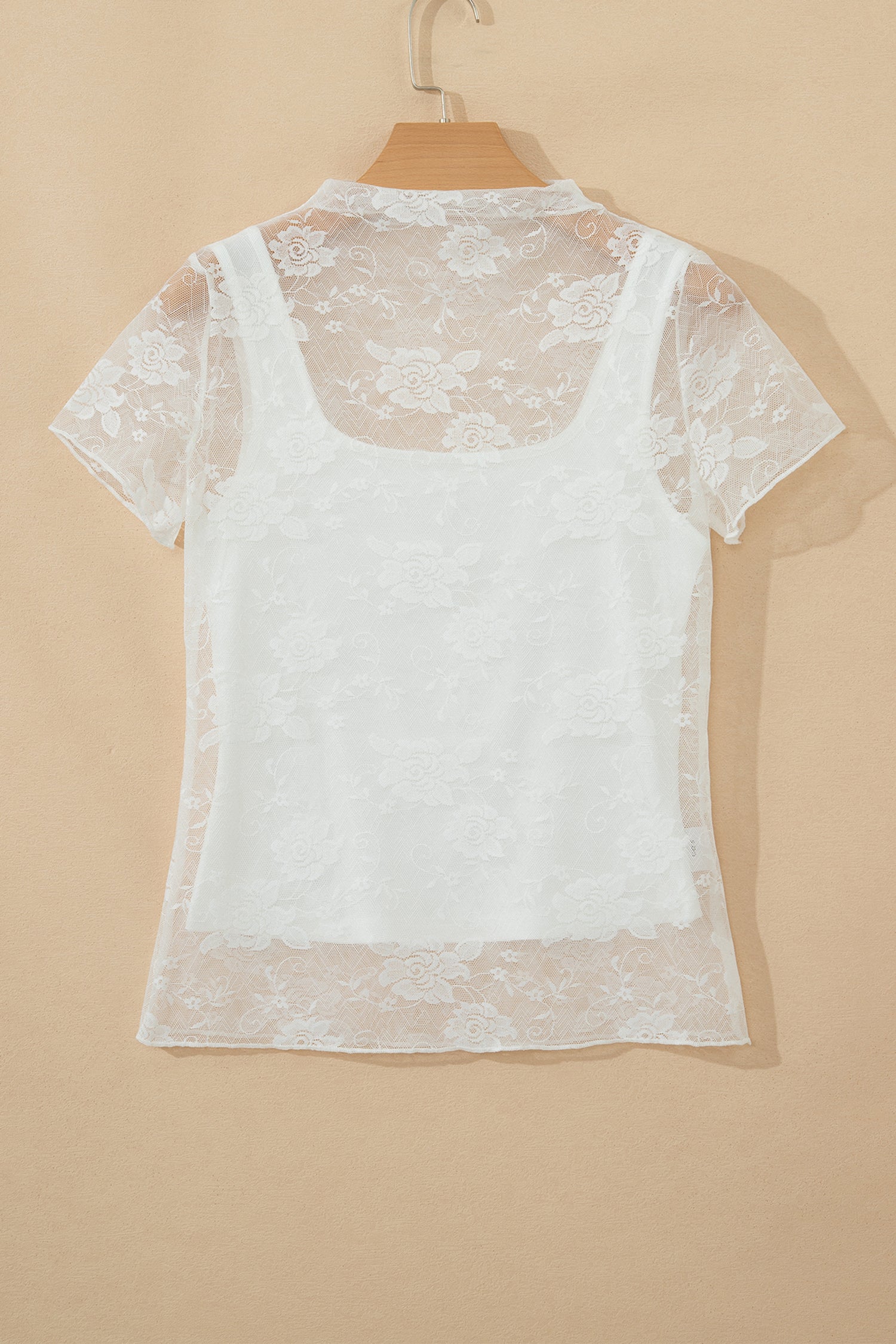 White Sheer Lace Round Neck T Shirt