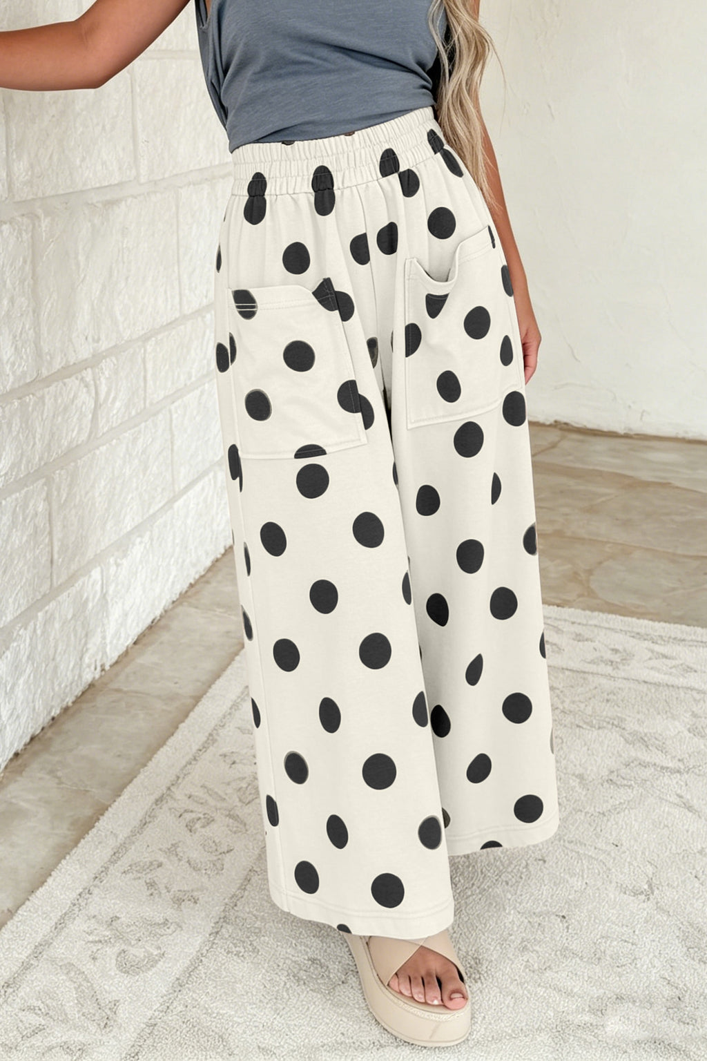 Sky Blue Polka Dot Wide Leg Elastic Waist Casual Pants