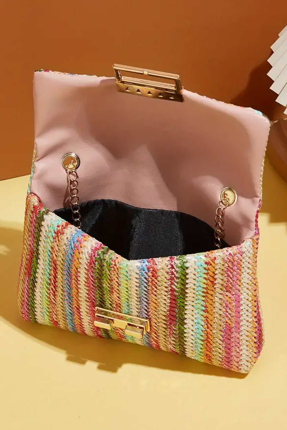 Multicolour Straw Plaited Gold Chain Clasp Closure Single Shoulder Bag