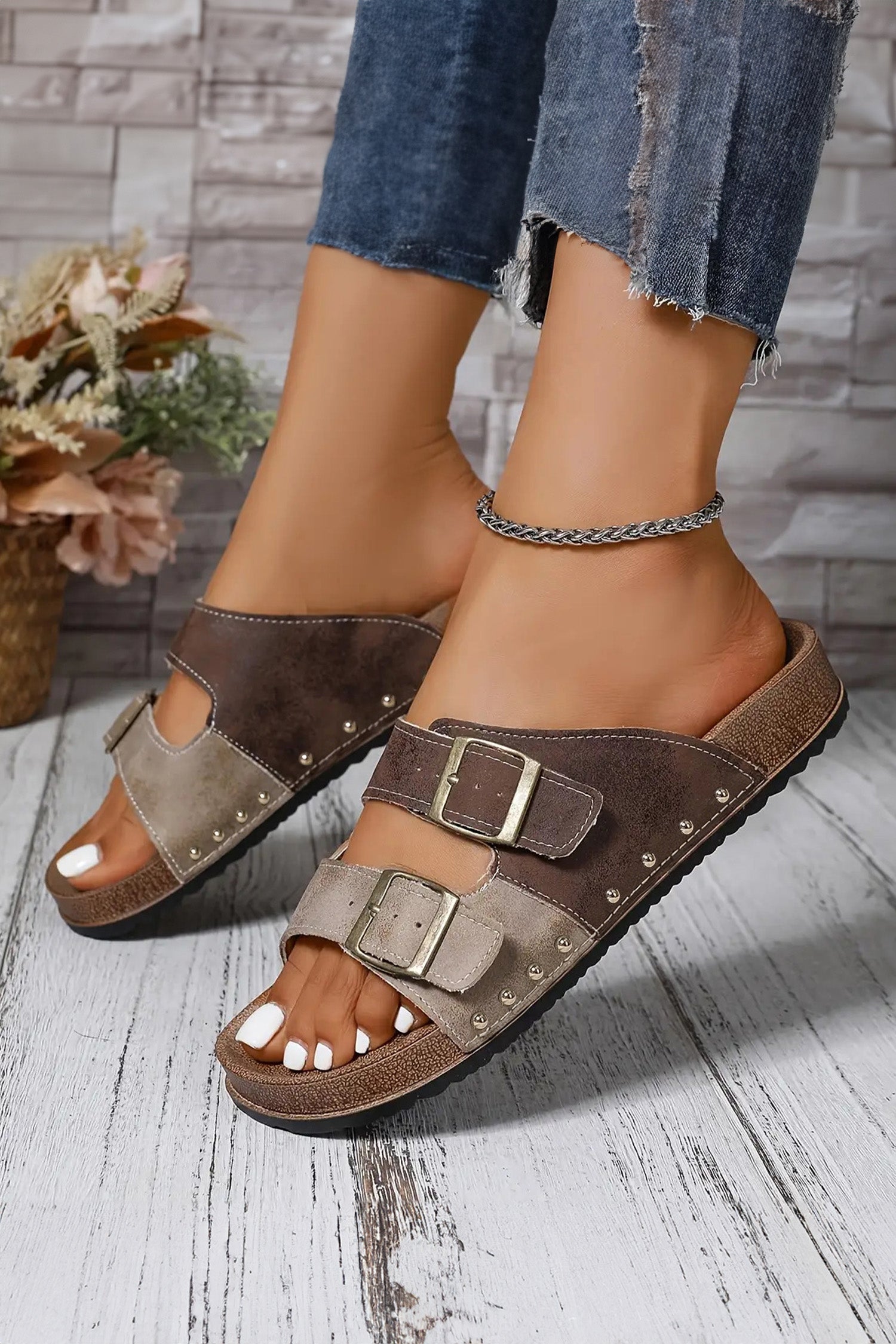 Black white Denim Distressed Retro Buckle Straps Hollowed Faux Suede Slippers