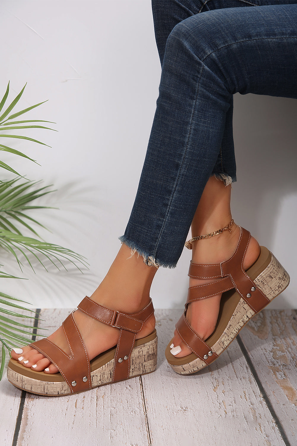 Light Blue Hollow Out Velcro Leather Wedge Slides Shoes