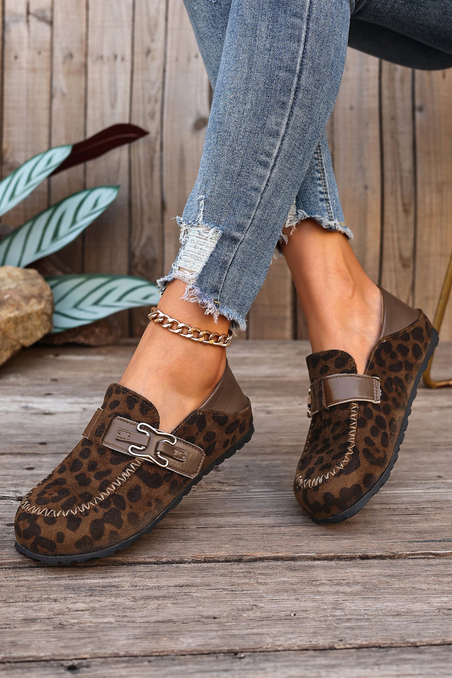 Coffee Faux Suede PU Leather Patchwork Retro Buckle Slip On Shoes