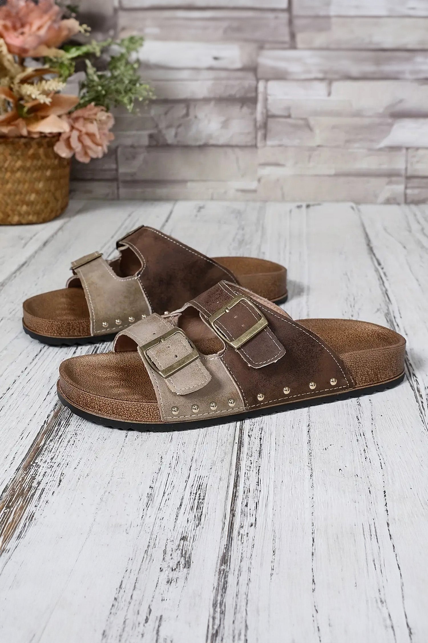 Black white Denim Distressed Retro Buckle Straps Hollowed Faux Suede Slippers