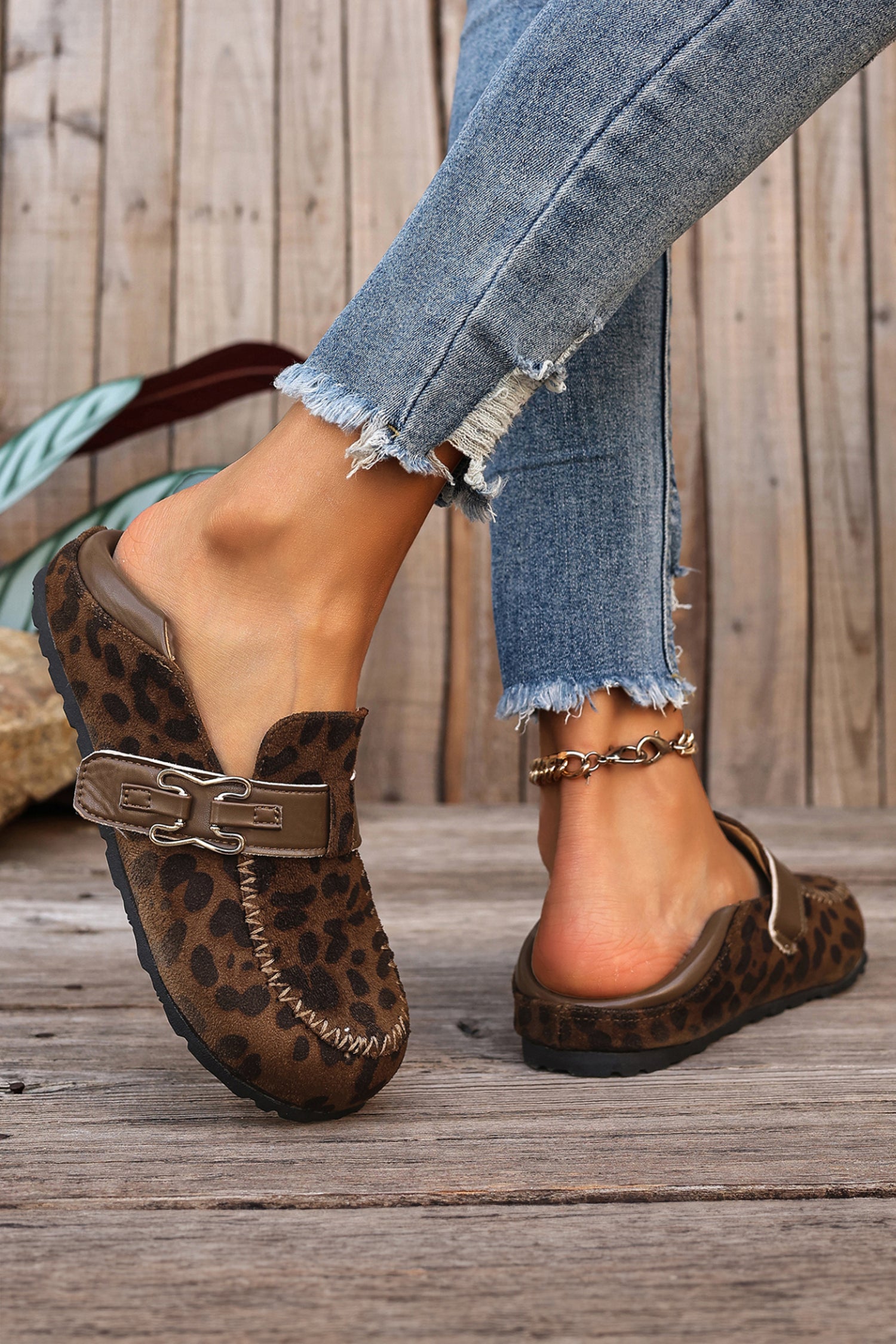 Coffee Faux Suede PU Leather Patchwork Retro Buckle Slip On Shoes