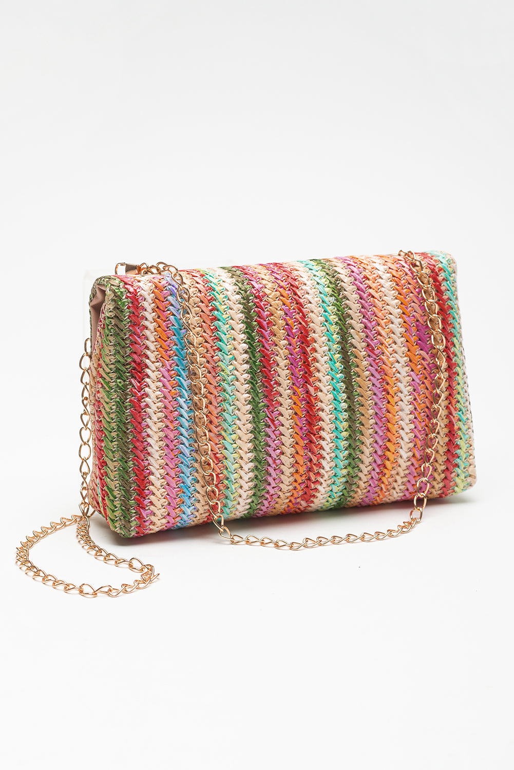 Multicolour Straw Plaited Gold Chain Clasp Closure Single Shoulder Bag