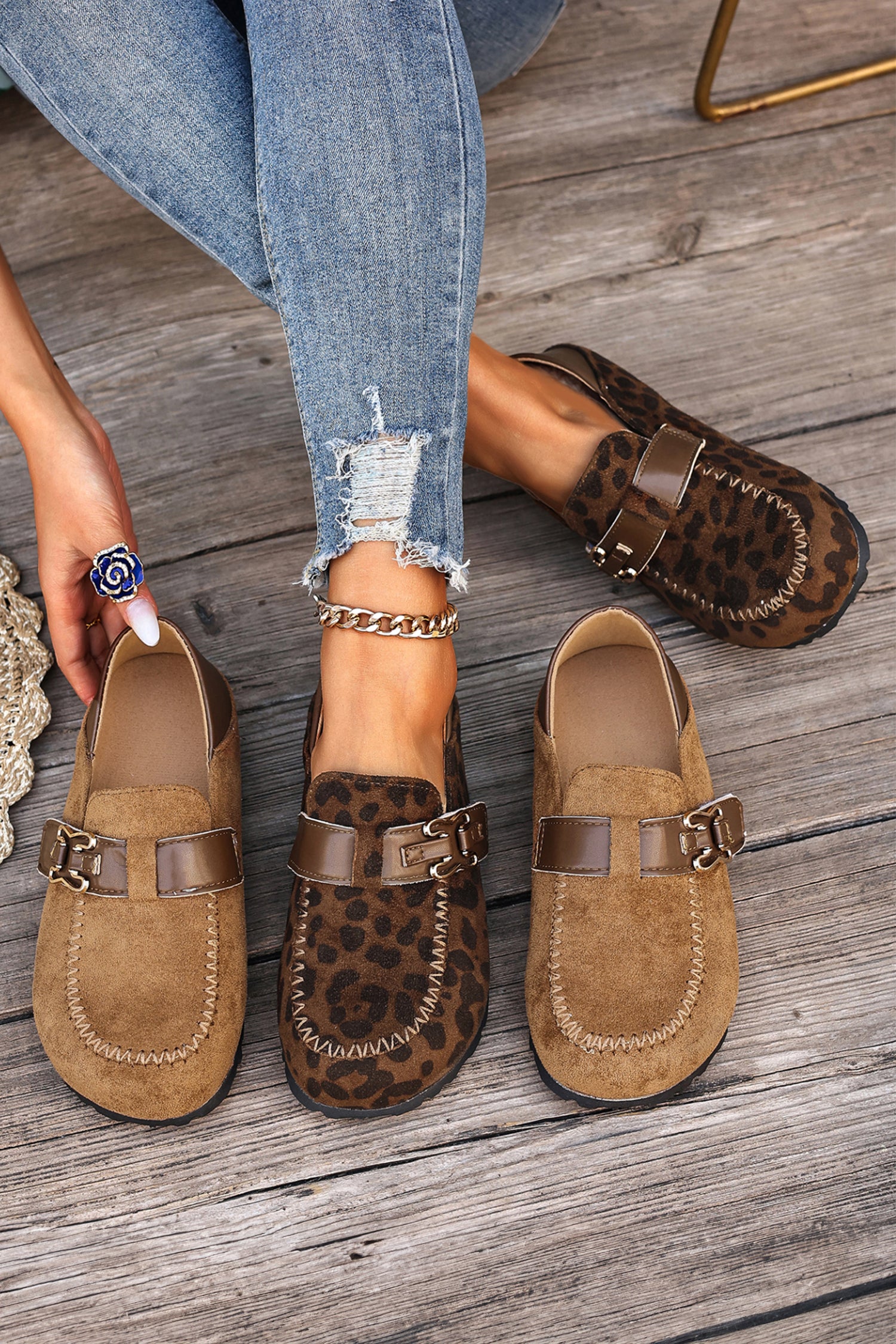 Coffee Faux Suede PU Leather Patchwork Retro Buckle Slip On Shoes