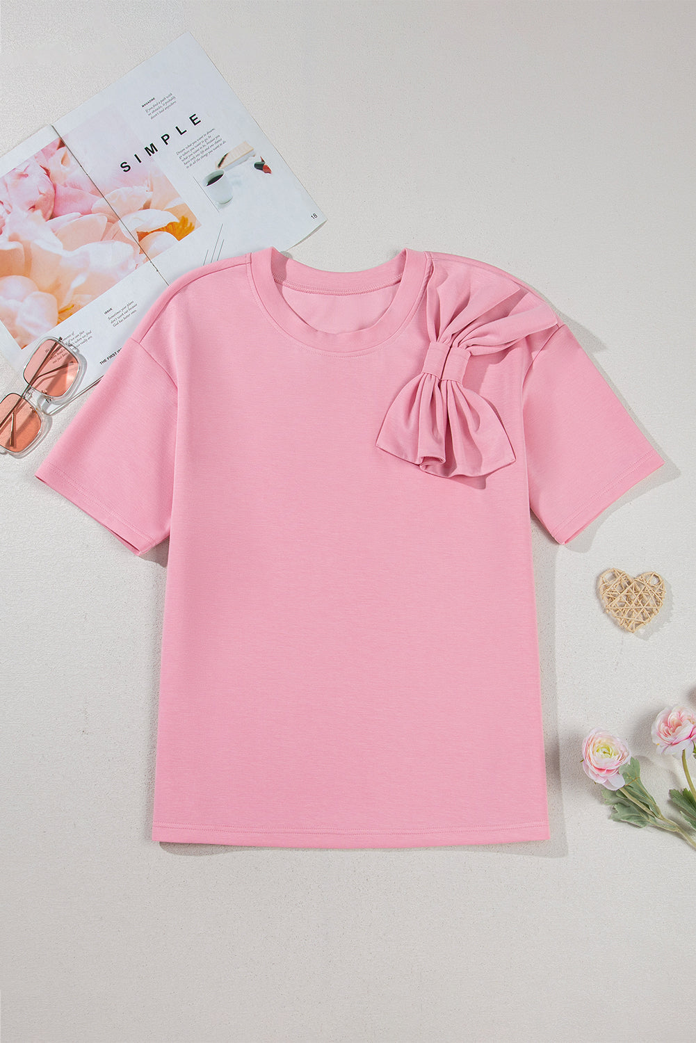 Pink Bow Applique Solid Color Sweet T-shirt