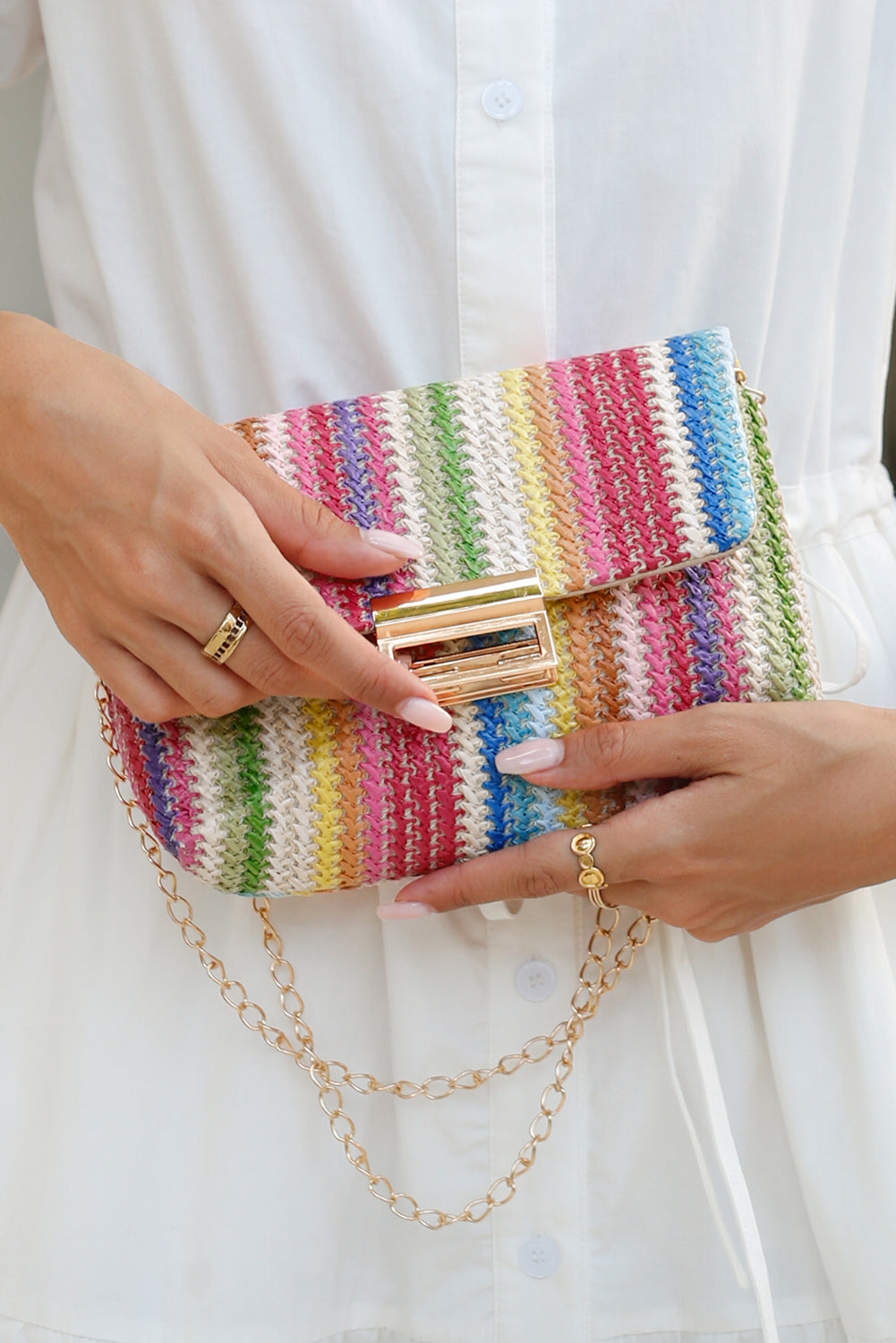 Multicolour Straw Plaited Gold Chain Clasp Closure Single Shoulder Bag