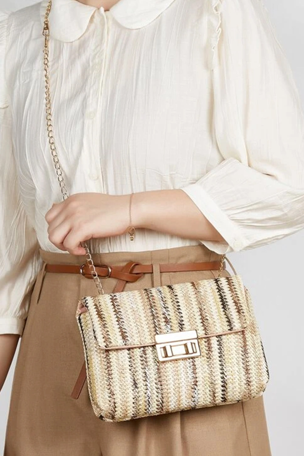 Multicolour Straw Plaited Gold Chain Clasp Closure Single Shoulder Bag