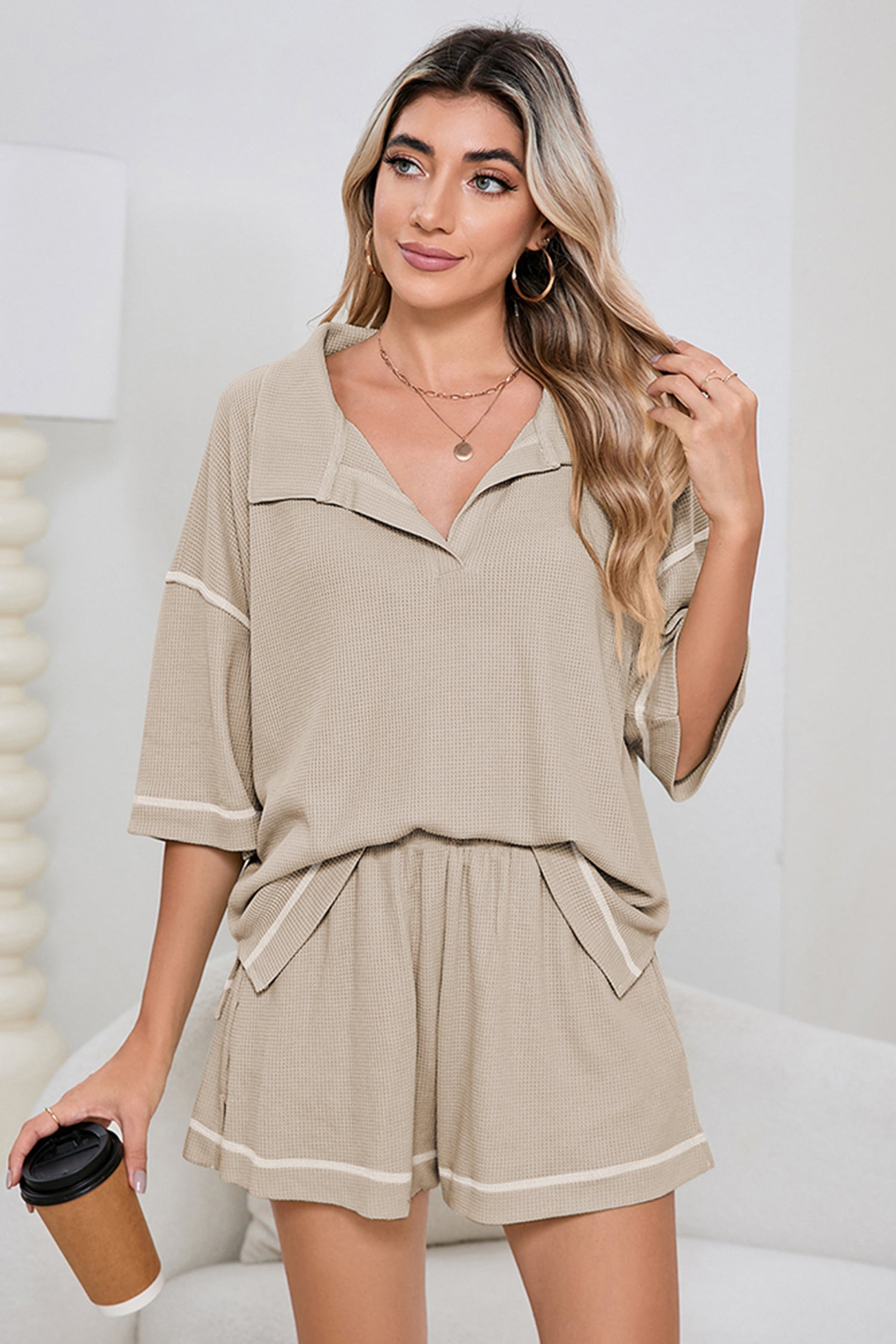 Light Beige-10 Breathable Waffle Color Block Trim 2pcs Casual Short Set