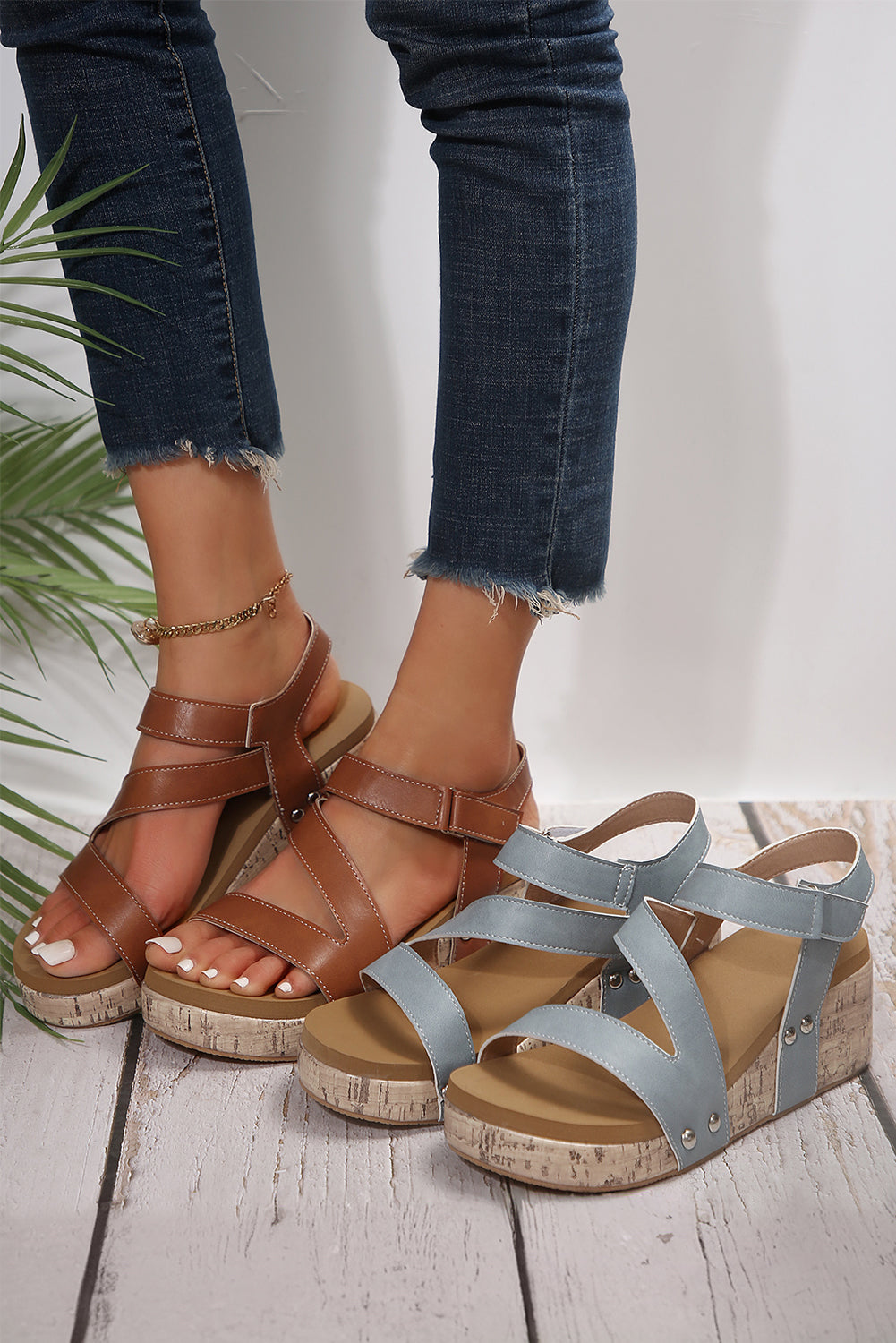 Light Blue Hollow Out Velcro Leather Wedge Slides Shoes