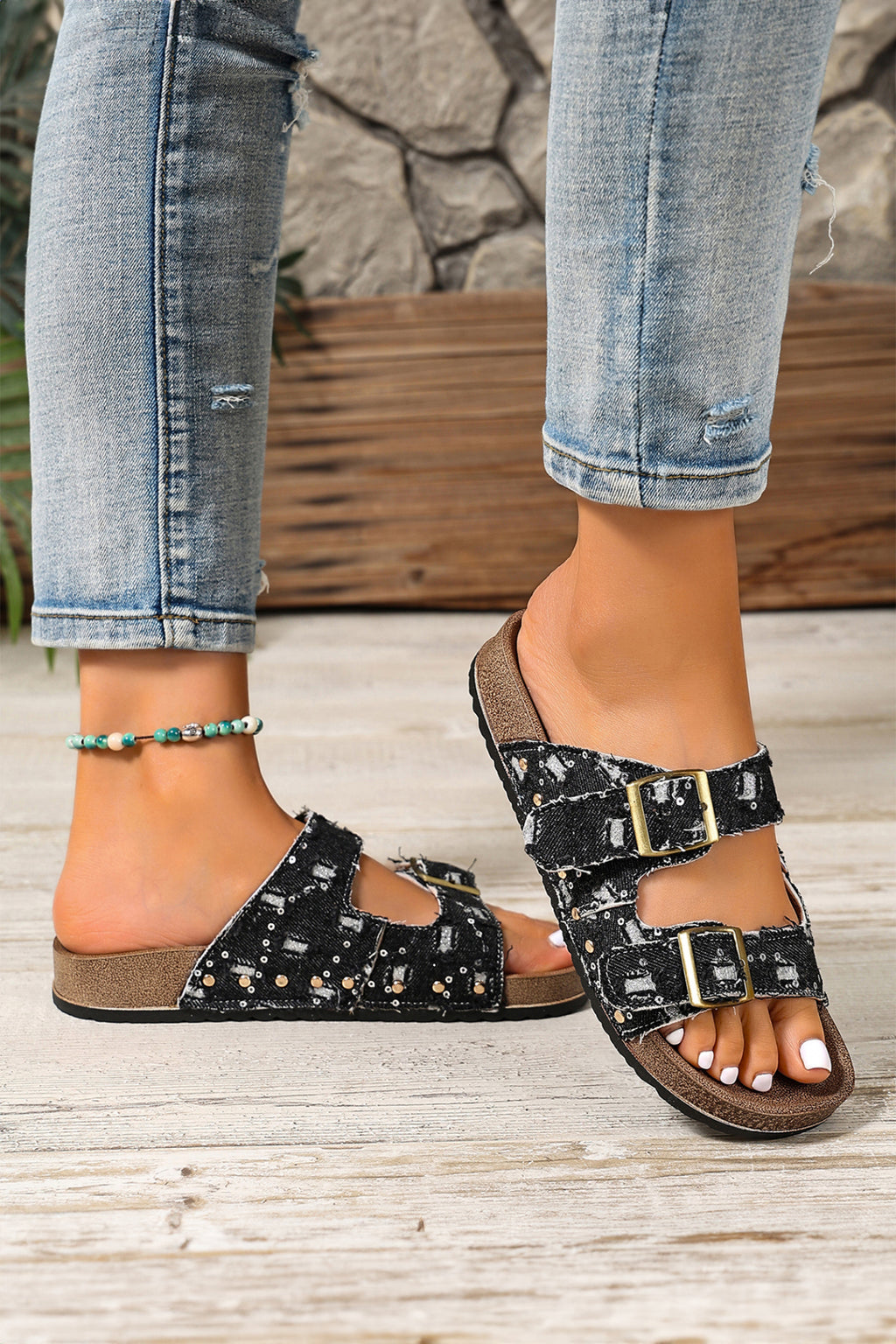 Black white Denim Distressed Retro Buckle Straps Hollowed Faux Suede Slippers