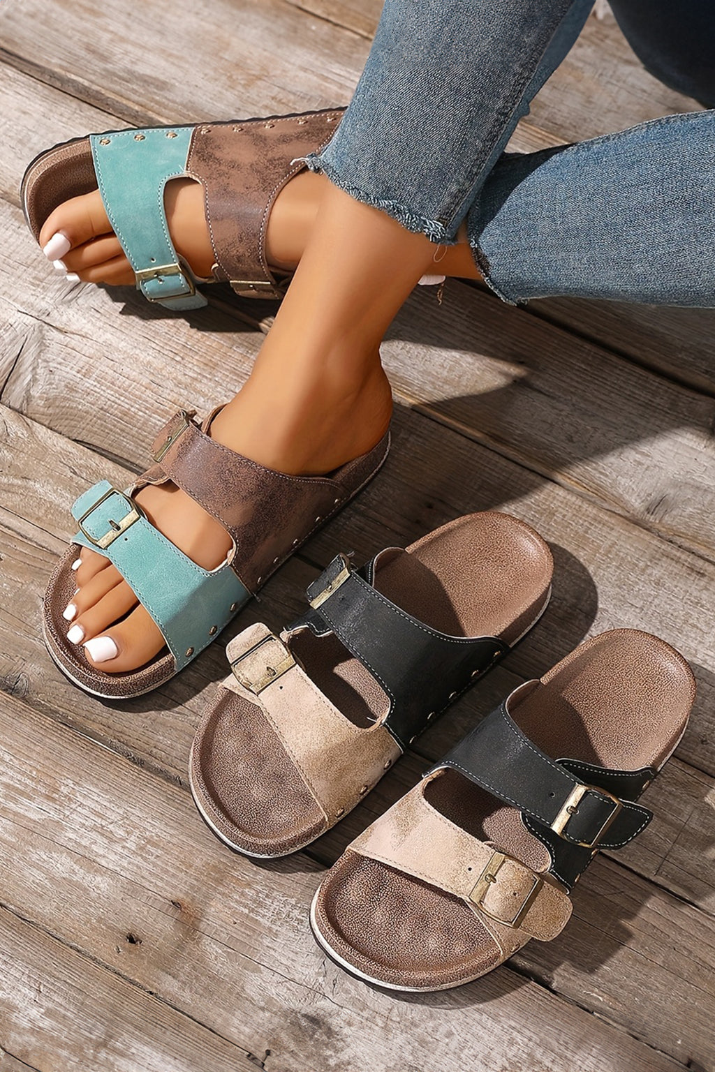 Black white Denim Distressed Retro Buckle Straps Hollowed Faux Suede Slippers