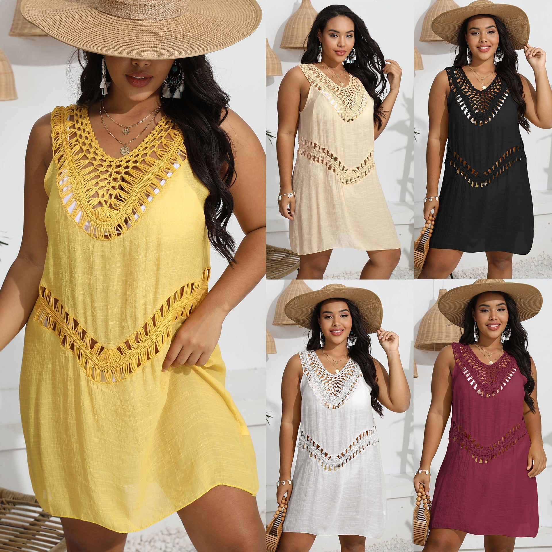 Womens Hand-Crocheted Patchwork Vest Dress Beach Bikini Cover-Up