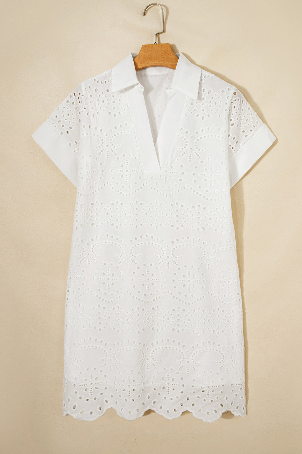 White Solid Color Eyelet Embroidered T Shirt Mini Dress