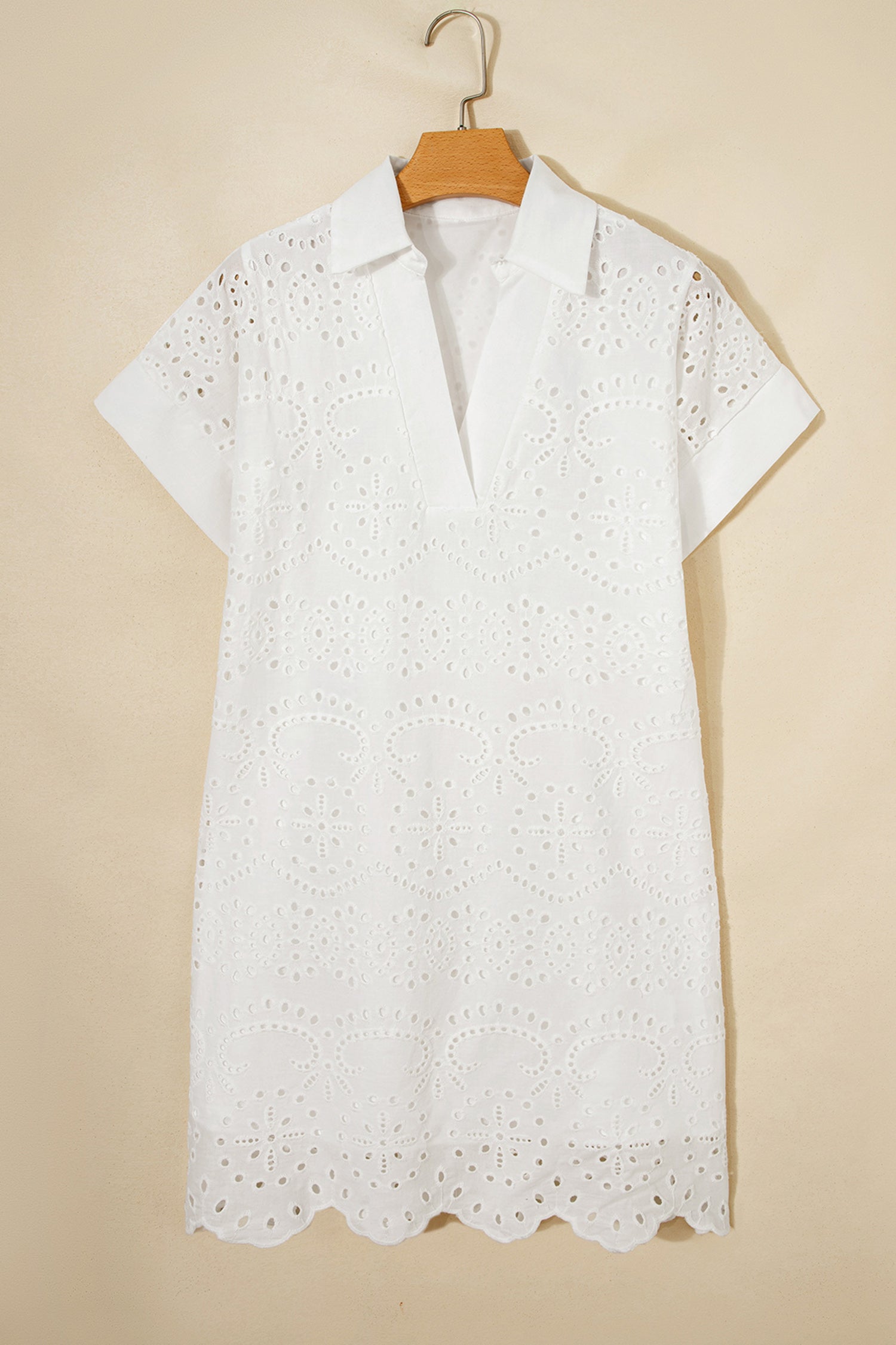 White Solid Color Eyelet Embroidered T Shirt Mini Dress