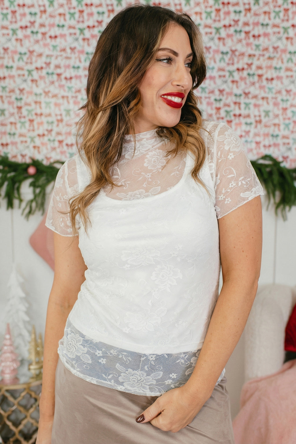 White Sheer Lace Round Neck T Shirt