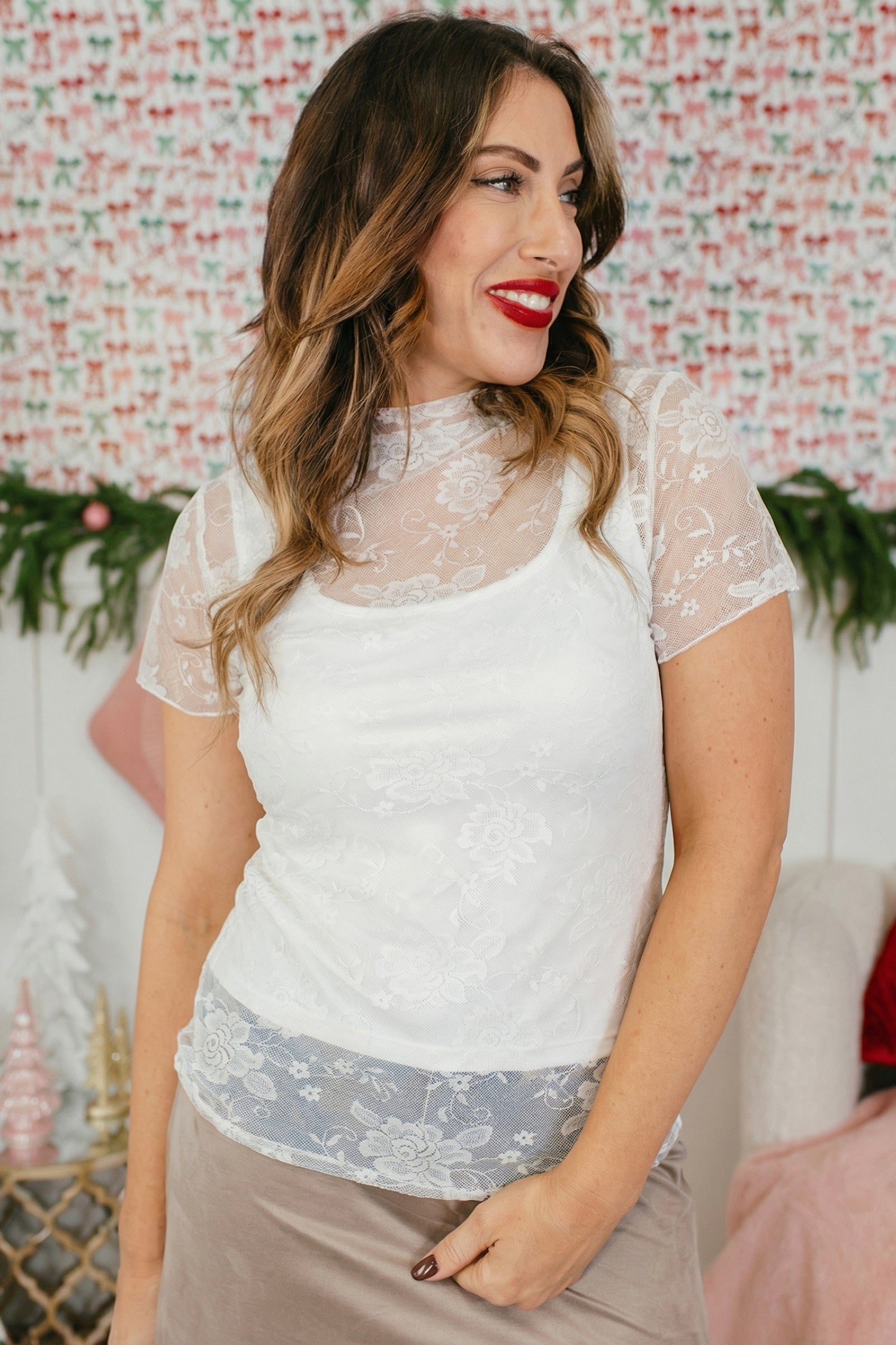 White Sheer Lace Round Neck T Shirt