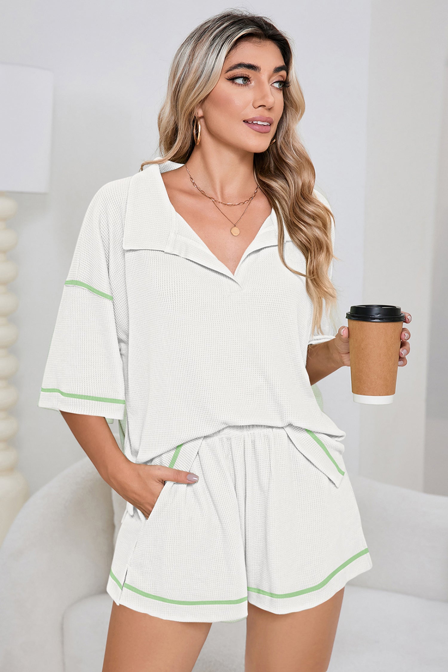 Light Beige-10 Breathable Waffle Color Block Trim 2pcs Casual Short Set