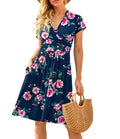 Women's Casual Floral V-Neck Short Sleeve A-Line Knee Length Dress