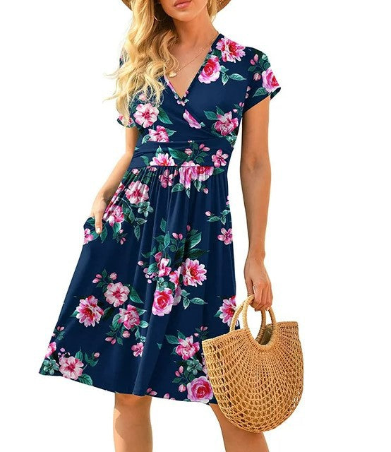 Women's Casual Floral V-Neck Short Sleeve A-Line Knee Length Dress